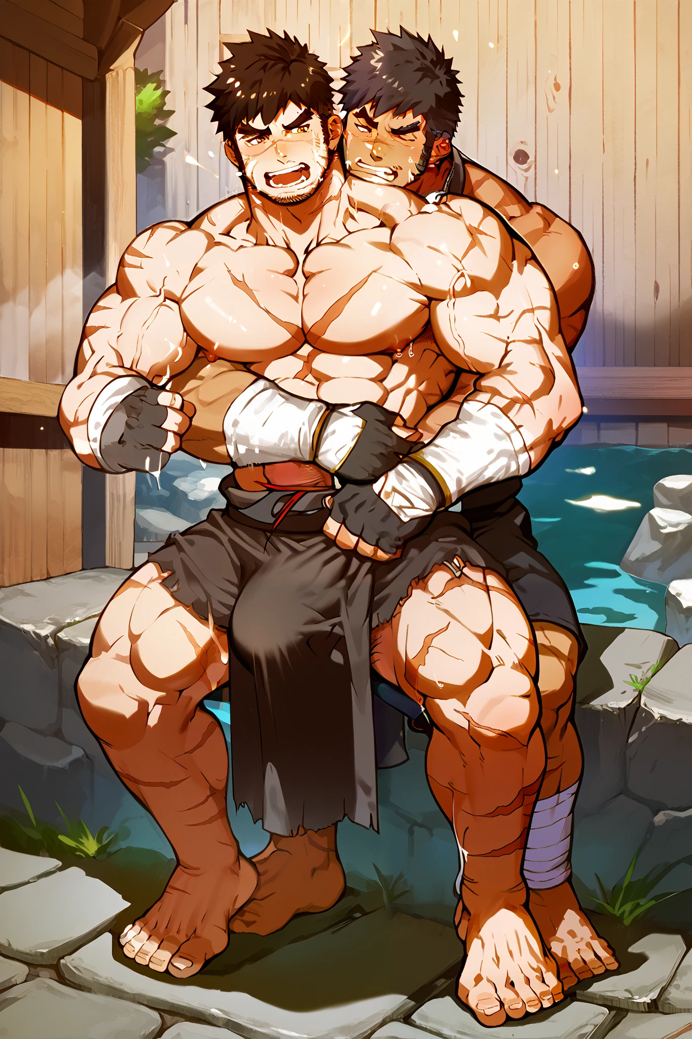 Masterpiece,Highest quality,8k,Handsome,good looking,White Tiger,Muscular,Huge muscles,White Tiger,ager face,,Little,Group fucking in a hot spring,Imminent sexual activity,cute,Japan animated style,red袴にしめ縄の腰巻き,((tiny hand,Huge muscles,Huge erect penis)),bathe in large quantities of milk,Shaking violently,Spread your legs,Squat,Watery eye,Clear fluid dripping from penis,Pink rubber suit,(((Wrapped in red, blazing flames))),Japanese-style open-air bath at dusk,A big uproar,Lucky cat pose,(((red７Cropped Pants)))Anal Sex,Orgy,(Wrap the rope around your waist),Shake your body violently,