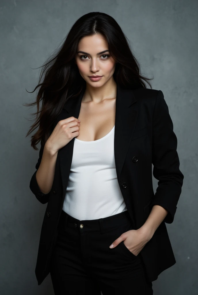 In the midst of the winter landscape, a 25-year-old woman stands outdoors adorned in a white coat and long white sleeve shoes. She possesses natural wavy locks, captivating blue eyes, and dons a low-cut black bodice that perfectly complements her flawless figure. The photograph skillfully taken with Canon's 85mm lens and 4K resolution meticulously captures intricate details, from the lifelike skin texture to highly detailed eyes. Kodak color vision enriches the atmospheric depth, and post-processing refines the image, resulting in an ultra-realistic, photorealistic allure. Captured in medium format with a focus on the atmosphere and subdued lighting, the result is a high-quality photographic masterpiece with maximum detail and a film grain effect, providing an immersive 8K UHD experience.