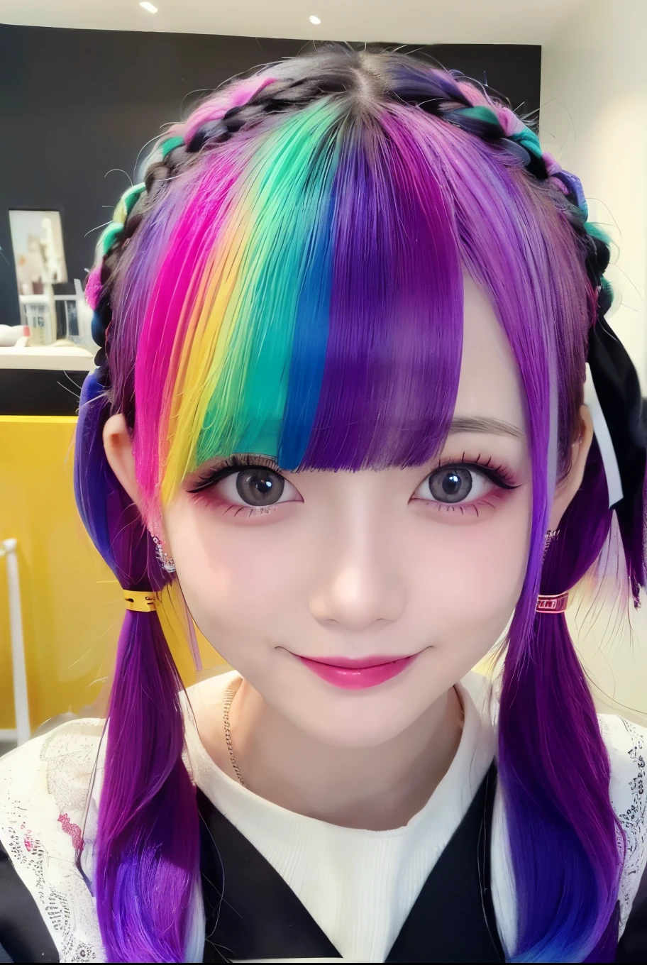 high quality,  realistic、High Resolution,  realistic、8k、16k、masterpiece:1.4, details.Impressive、Alone、 cutting-edge photo portrait of a woman、Expression of happiness、The way you look at someone you love、 yellow、smiles、Cyan, and purple, ((Her colorful hair is gathered in a high position、Various hair colors:1.3)) 、her bright makeup is really eye-catching