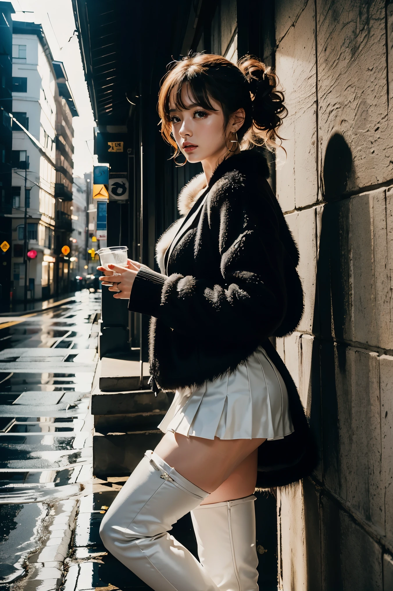 top quality,greatest masterpiece,highest resolution,Photorealistic,(Cloudy,heavy rain:1.2,Pitch Darkness:1.2,she's standing under the eaves outside:1.2,heavy rainが降っている:1.2,The face and body are super dark:1.2,soffit ,fascia,gutter,puddle),anatomically correct,perfect proportions, perfect woman's body,top qualityのリアルな質感の肌,top qualityのテクスチャの髪 ナチュラルボブ ウェーブヘア 前髪パッツン 銀髪,Full Body Lesbians,dark atmosphere,20 years old Japanese female fashion supermodel,fur long coat mink white,V neck with cut and sew,Pleated Skirts,(thigh high platform boots),gorgeous earrings,necklaces, Bracelets ,(from side),An impressive composition with her silhouette and shadows,perfect composition,Dynamic Composition