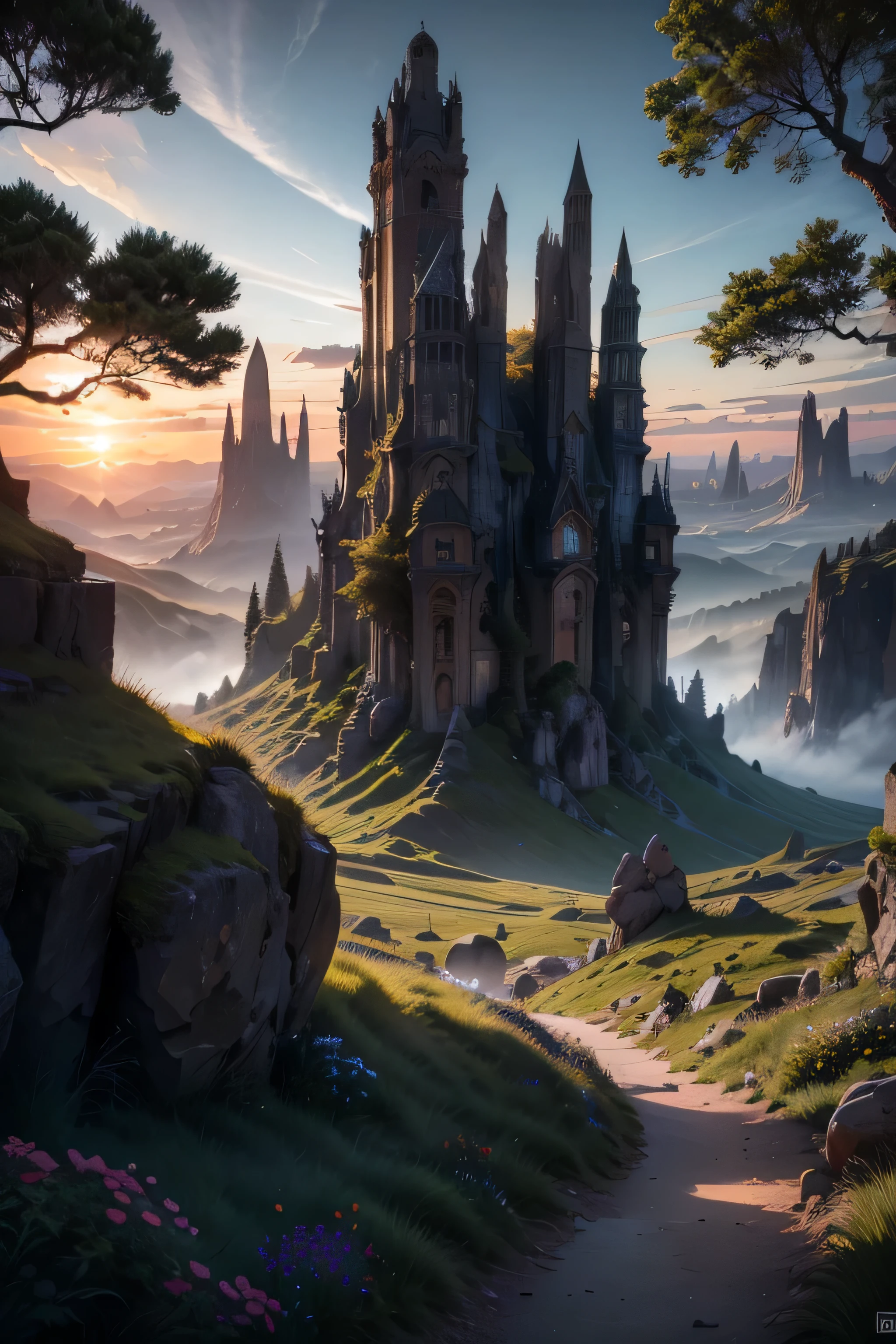 masterpiece, fantasy environment, bottomless abyss, colorful flowers and giant trees. Beautiful sky and rocks in the distance. Adventure landscape . Top quality , Detailed.