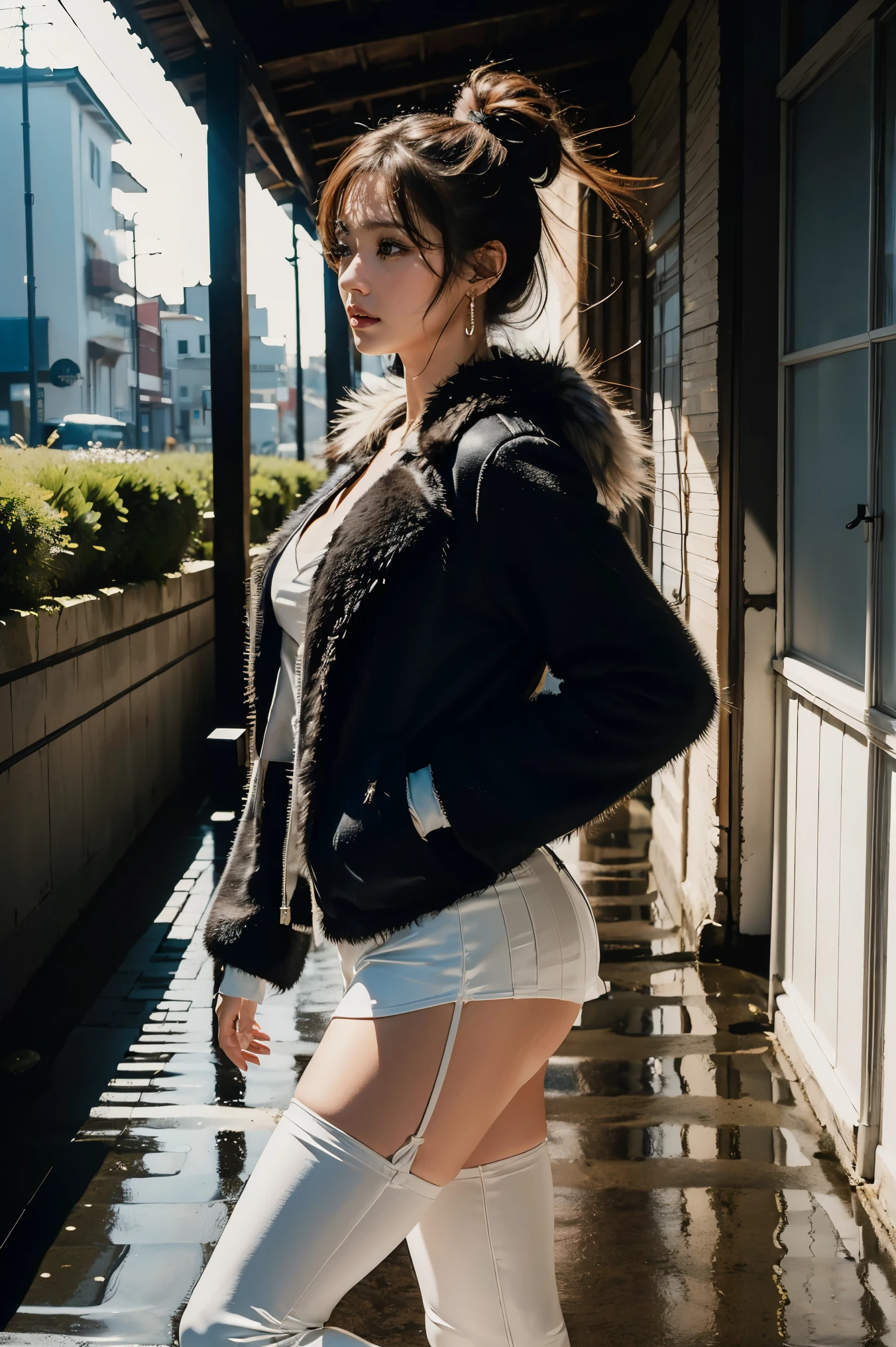 top quality,greatest masterpiece,highest resolution,Photorealistic,(Cloudy,heavy rain:1.2,Pitch Darkness:1.2,Rain is dripping from the roof:1.6,she's standing under the eaves outside:1.2,heavy rainが降っている:1.2,The face and body are super dark:1.2,soffit ,fascia,gutter,puddle),anatomically correct,perfect proportions, perfect woman's body,top qualityのリアルな質感の肌,top qualityのテクスチャの髪 ナチュラルボブ ウェーブヘア 前髪パッツン 銀髪,Full Body Lesbians,dark atmosphere,20 years old Japanese female fashion supermodel,fur long coat mink white,V neck with cut and sew,Pleated Skirts,(thigh high platform boots),gorgeous earrings,necklaces, Bracelets ,(from side),An impressive composition with her silhouette and shadows,perfect composition,Dynamic Composition