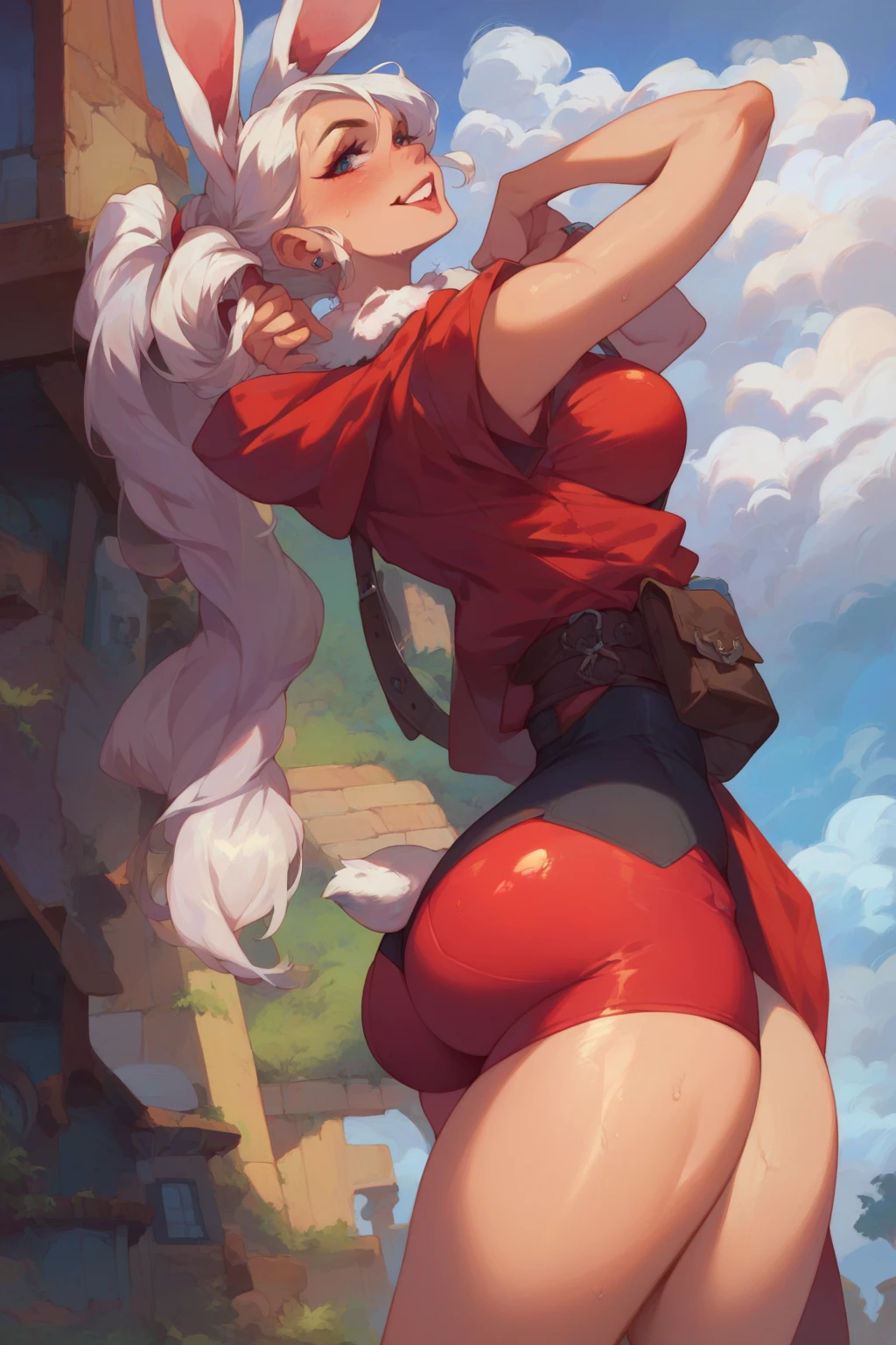 yamato, white hair, brown eyes, from side, (bent over), (thighs), ((ass))