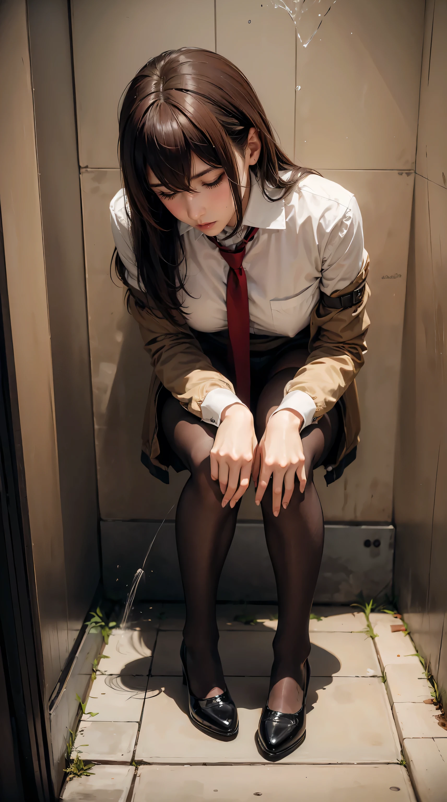 (urination:1.4),(is embarrassing:1.2) tall adult women ,excellent style,Makise Kurisu,Christina,high heels,pantyhose, black tights,very long hair, Super Long Hair ,sweaty, My bra is watching, Bare Bare ,pee themselves, Wetting clothes, The desperation to pee myself , her body can't hold urine 、I peed out of desperation,Pee desperate face , big puddle of pee ,toilet,toiletに座っておもらし