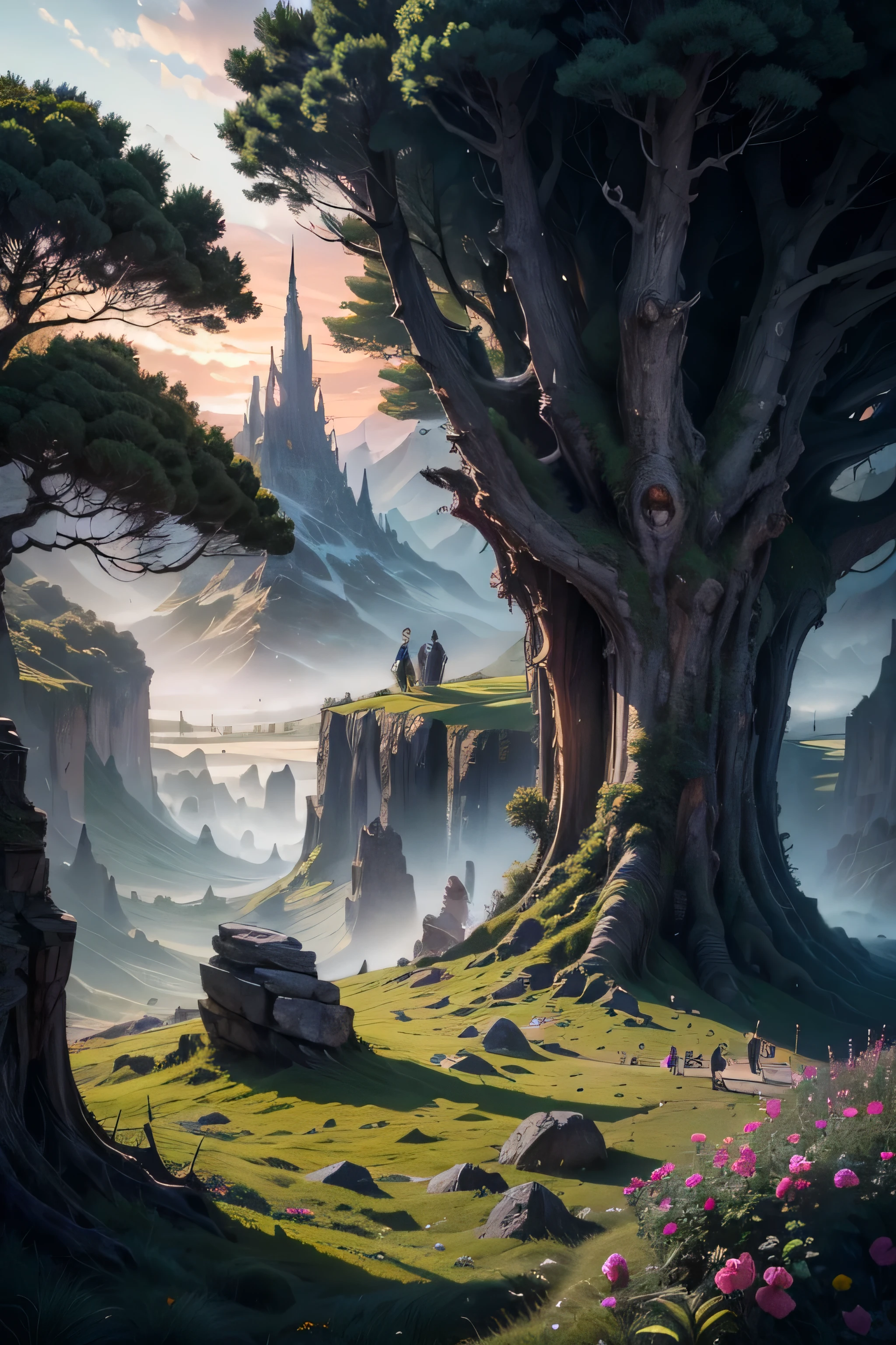 masterpiece, fantasy environment, bottomless abyss, colorful flowers and giant trees. Beautiful sky and rocks in the distance. Adventure landscape . Top quality , Detailed.