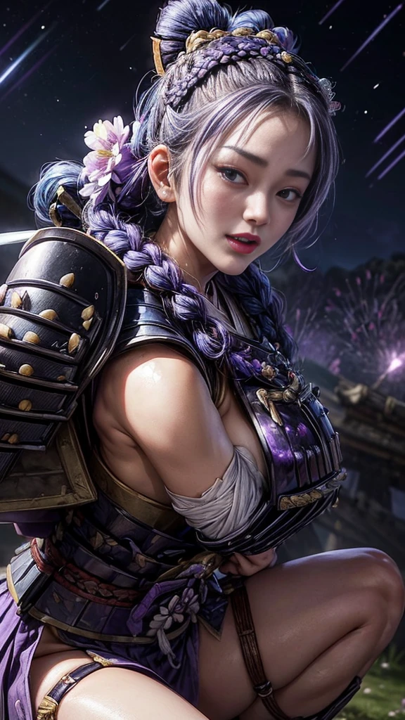 leishenlp,Raiden Shogun_(genshin_impact),raiden shogun,1girl,solo,game cg,hair ornament,breasts,hair flower,long hair,purple eyes,purple hair,braid,bangs,sharp eyes,mole under eye,mole,japanese clothes,breasts,electricity,closed mouth,kimono,flower,purple flower,tassel,glowing,cowboy_shot,weapon,sword,human scabbard,cleavage,sash,musou isshin (genshin impact),obi,large breasts,ribbon,holding sword,lips,petals,holding weapon,tomoe (symbol),mitsudomoe (shape),between breasts,purple flower,armor,