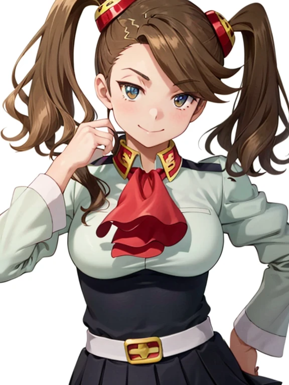 masterpiece, tight denim pants, chubby but small breasts, thick legs, best quality, 1girl, kaoruko, brown hair, brown eyes, twintails, hair ornament, large breasts, red ascot, looking at viewer, sketch, solo, simple background