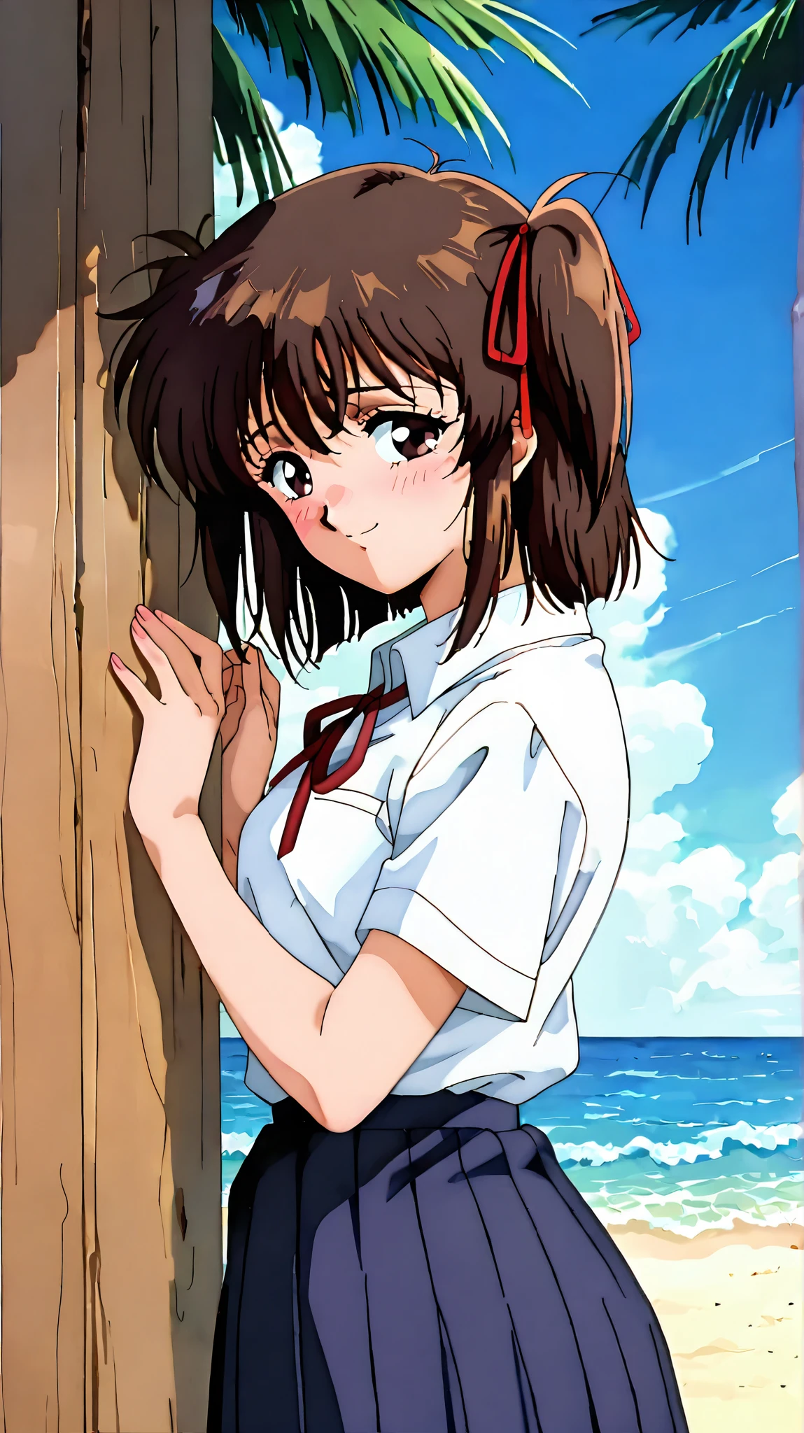 kayo,dark brown eyes,dark brown hair,two side hair,shoulder-length short hair,hair tied thin red ribbons,school uniform,white collared shirt,thin short red necktieribbon,navy blue short pleated skirt,whole body,full length,masterpiece,best quality,amazing quality,score_9, score_8_up, score_7_up, source_anime,retro art style,smile,shy,watery eyes,day,summer,by the sea,sea side,standing,side view,from side
