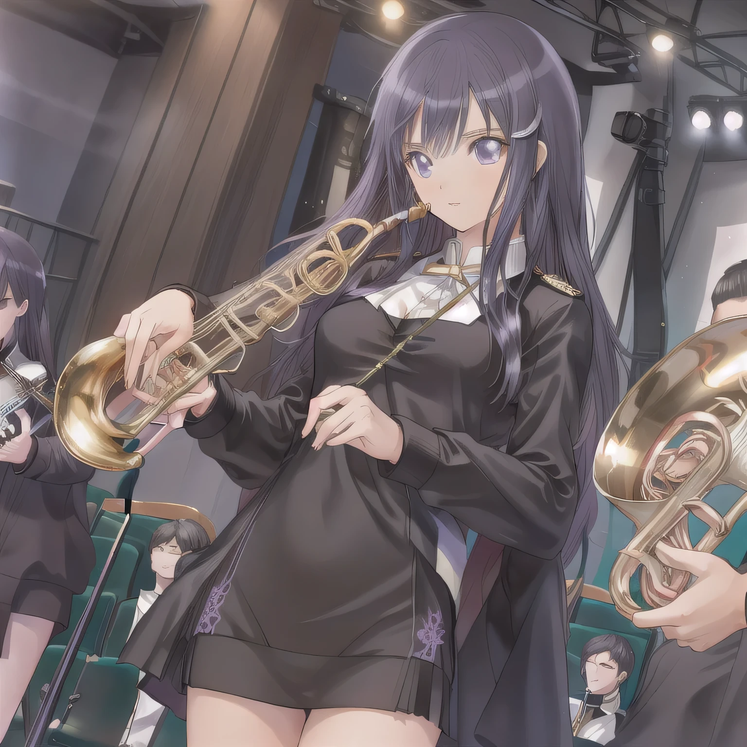 Depict a 20-year-old, dazzlingly beautiful woman playing a brass instrument in a grand concert hall. She wears an elegant yet practical band uniform, designed with intricate gold embroidery. Her posture is poised, fingers positioned with precision, her eyes focused as she plays passionately. The warm stage lighting highlights the shine of her instrument, creating a visually striking contrast between her and the surrounding orchestra. Purple hair, long hair, purple eyes.
