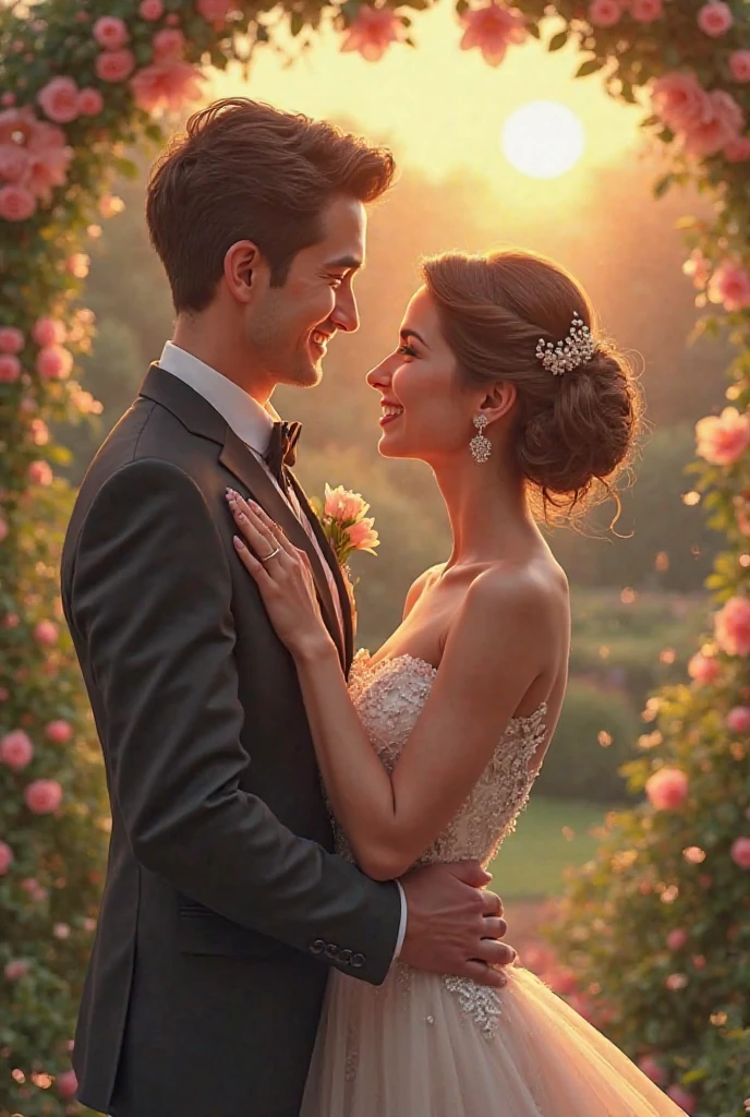 Create 2 very happy brides and grooms at their wedding and that on the top bottom of the bride has the initial F and on the groom's part the initial R but that they are a man and a woman