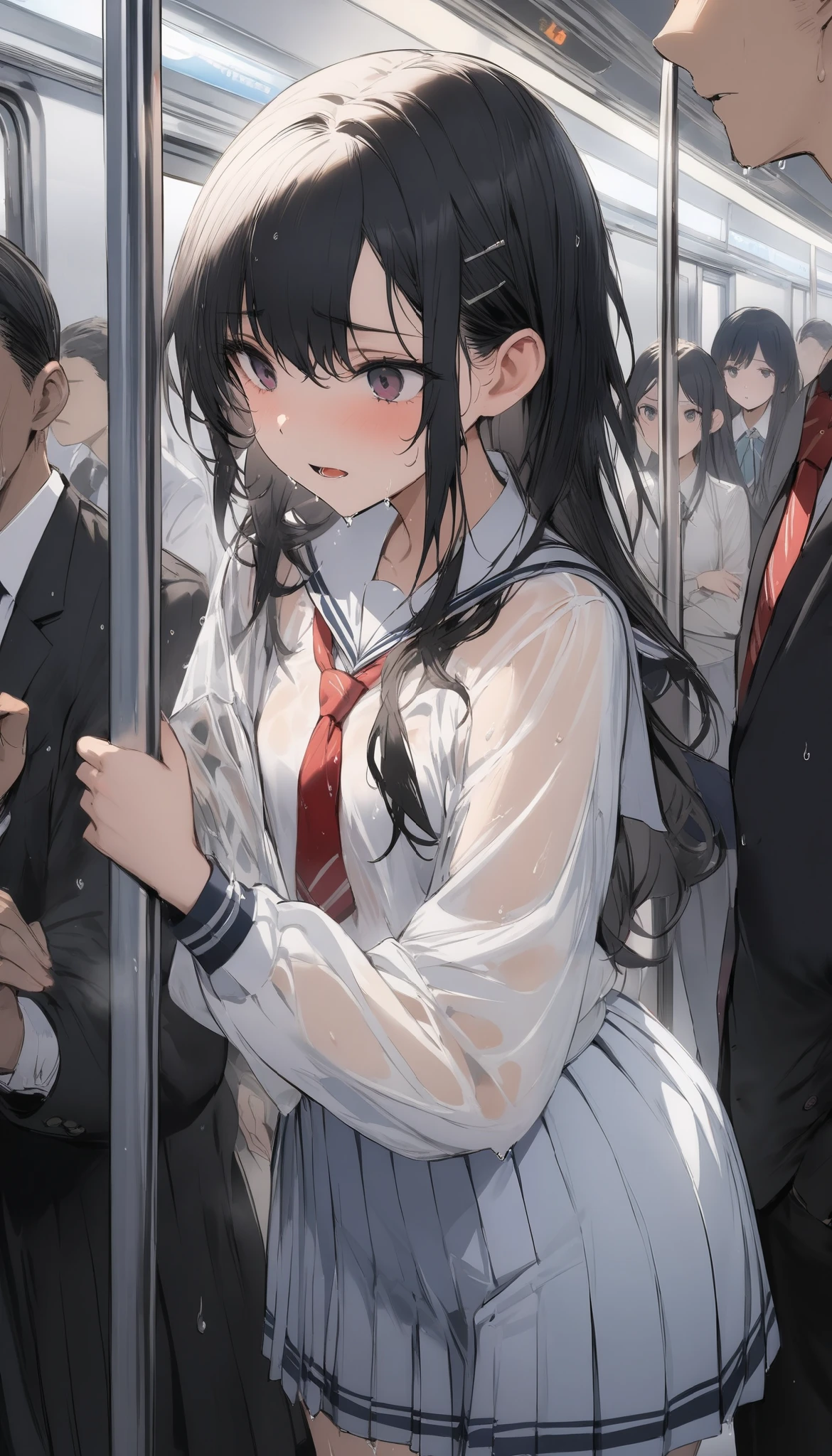 ( masterpiece, top quality, top quality, beautiful、Midea:1.2), 1 person,beautiful, People belonging to the band, is school uniform and beautiful and cute, (high school girl being molested on a crowded train), black hair, Sheer, wet, shy,