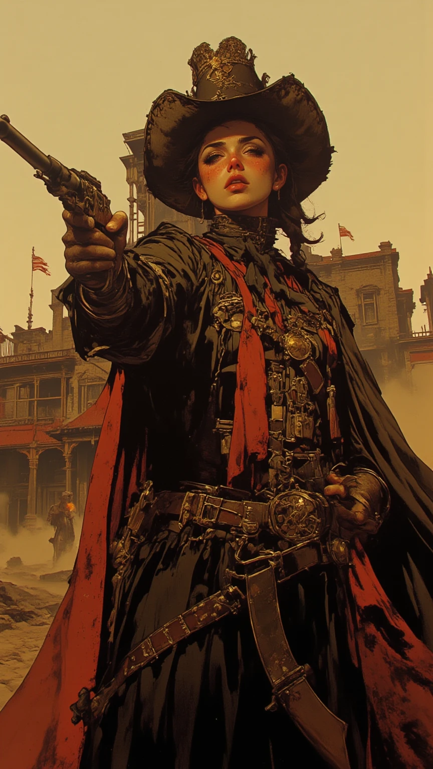 Wild Wild West is a 1999 American steampunk western movie、 taken from obliquely below、 fisheye lens 、Taking a full-body photo 、Women, Aiming a shotgun at the camera 、an intense expression that radiates deep wisdom and mystery, Foggy, Full-body shot,In the background, a western-style building is ablaze 、 cowboy style、Wearing a deep cowboy hat、 gold、braids、Kiss the shotgun、western 、masterpiece, masterpiece, Ultra High Definition, closed eyes, cowboy shot,