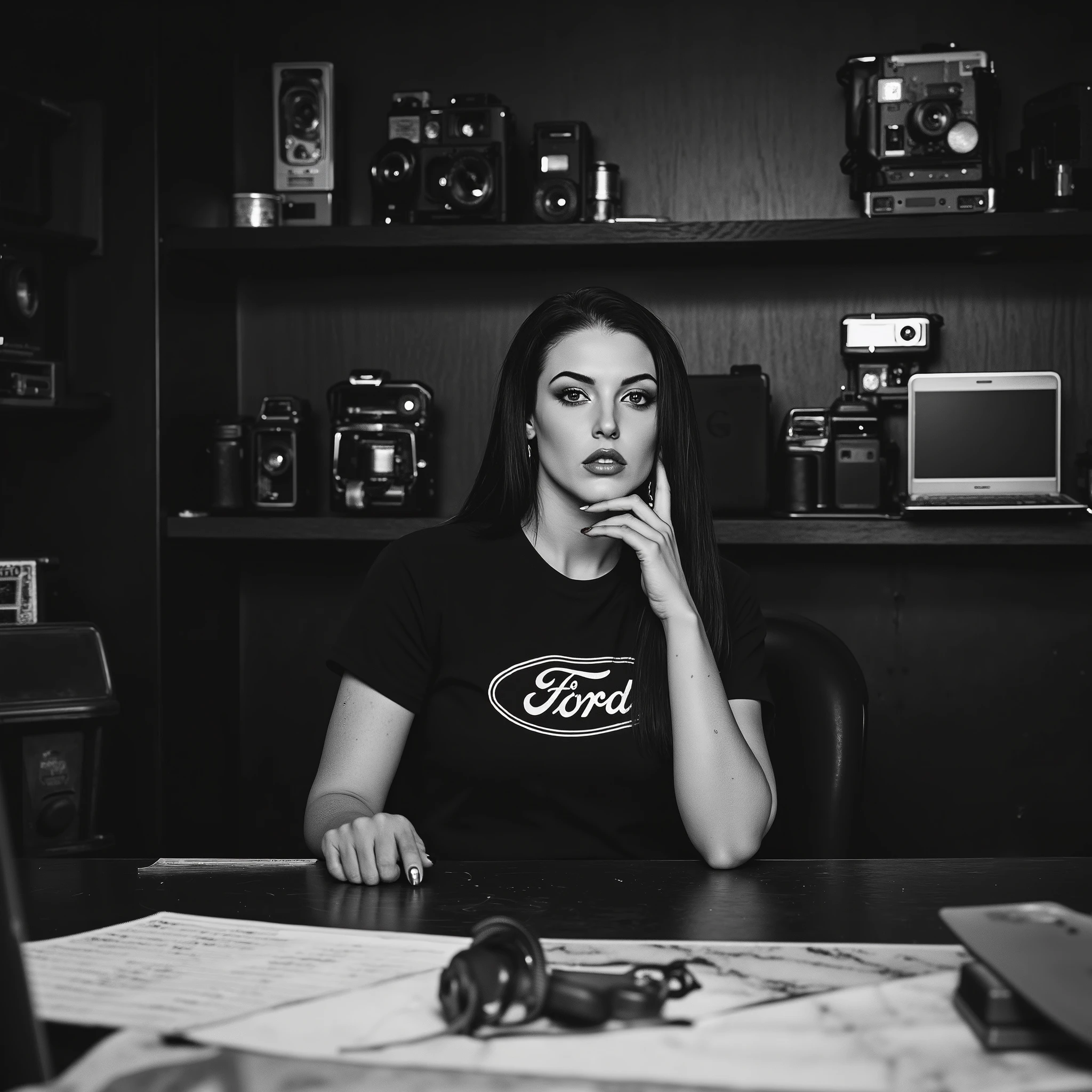 Professional photographic shot of a confident woman with long, sleek black hair, her skin glowing under direct lighting, highlighting her striking features and radiant smile. She is wearing a black t-shirt with a bold "Ford" logo, paired with silver jewelry — delicate necklaces, rings, and a bracelet — and vibrant red nail polish. She sits in a modern office chair, leaning slightly with one hand touching her face, exuding a relaxed yet powerful aura. The background is a creative workspace filled with vintage technology: Sony VX1000 cameras, retro camcorders, and stacked electronic boxes, along with a sleek laptop and scattered notebooks on a marble table. The scene is bathed in high-contrast lighting, casting dramatic shadows, with a cool-toned palette complemented by warm accents from her nails and skin. Depth of field focuses on her captivating expression while softly blurring the technical elements in the background, creating an edgy, nostalgic yet modern atmosphere.