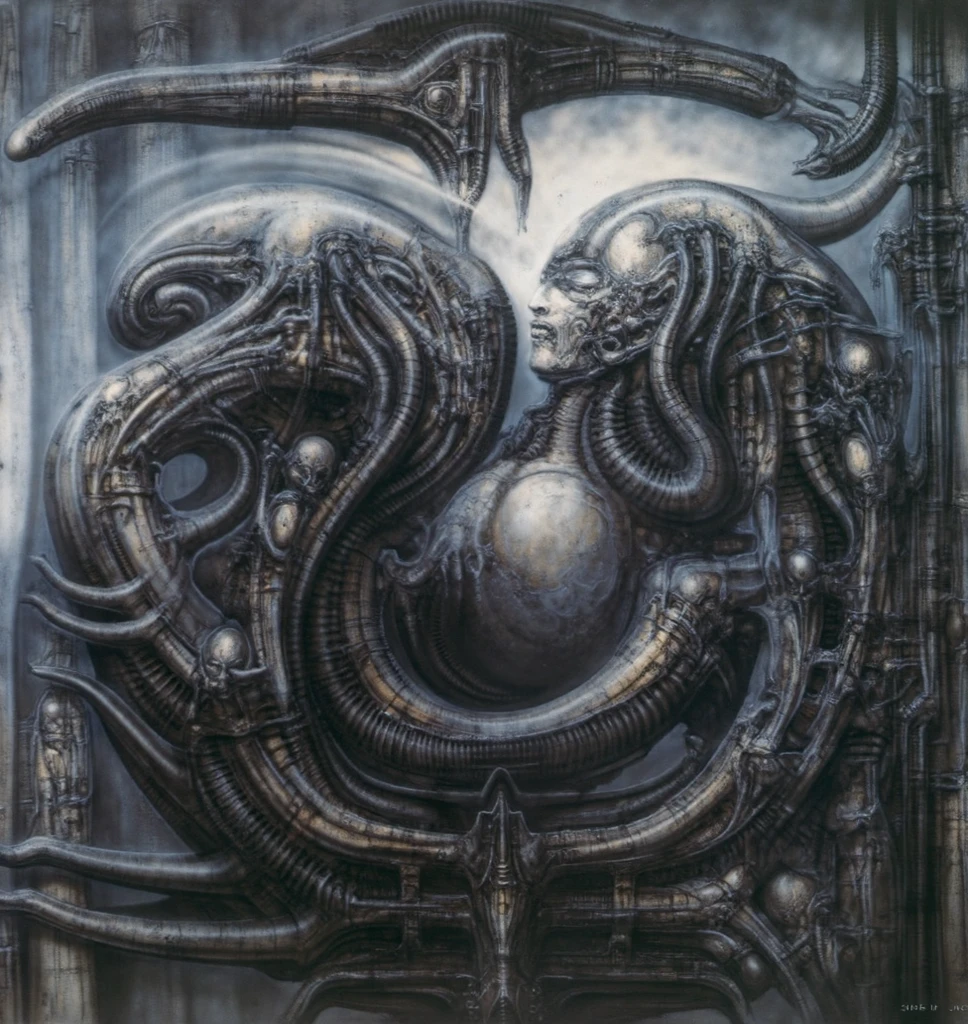 g1g3r, The image is a detailed view of H.R. Giger's biomechanical tableau \" Landscape XVI \" plate, featuring
surrealistic painting of a monster with multiple tentacles and a body that looks like a brain, surrounded by a chaotic scene of swirling clouds and other monsters.
 It's a complex network of bones and organs in eldritch color scheme:a greenish-brown hue ,swirling gery and brown colors. The artwork is silverish and green brown, with an ivory bones prominently displayed. The image is highly detailed and intricate, almost like a 3d version of a medical sketchwork.   
 
This tableau is an artwork featuring a close-up of a creature that resembles a caterpillar with a white head, surrounded by a complex network of lines and shapes.
Biomechanical landscape by Hans Rudie Giger composed of fossilized and mummified alien life forms. Image depicts a strange and eerie, combines biological and mechanical ,managed  to dreamlike quality. These shapes suggest fossilized mummified alien life forms. Central mummy structures and what appears to be a spines of ivory in the foreground are the most identifiable organic elements. The mechanical elements are evident in the wires and tubes emanating from the creatures. In the background shapes are visible that could be interpreted as other fossilized or mummified alien life.
Light source from the top highlights skeletals, upper part of foreground, lower part of image is in shadow.
The piece is a tableau, most likely created with a India ink pen or pencil on paper, determined by the thin lines, shading techniques, and the texture of the paper, which is visible around the edges.
Used is pen, given the shading and variations in line weight visible in the image. Artist have used a variety of stylus with different degrees of hardness to achieve the shading effects.
 The use of undersaturated green-grays dark contrasts creates a stark and graphic look. Is used a variety of linework techniques to create different textures.  