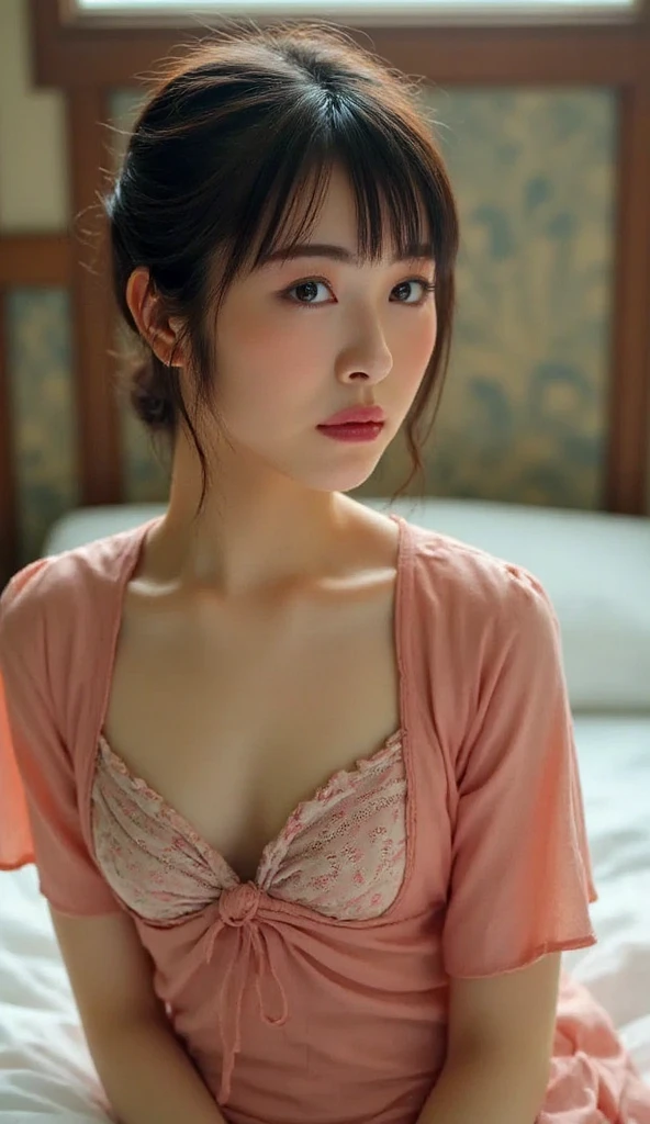 (Realistic image, Masterpiece: 1.2), A beautiful Japanese woman, Age: 20, Wearing a kimono, Reveals a subtle cleavage, Sleeps alone, The room decorated in Japanese style from the 1980s, (Clear composition: 1.3), Look directly at the camera, Distinctive beautiful hips, Dense, Extraordinarily detailed face, The texture of the skin is fine and smooth, Delicate and clear hands, Studio light at a low level, Canon EOS 5D Mark IV, 85mm lens, f/1.8 aperture, Manual focus, Long exposure (30 seconds)