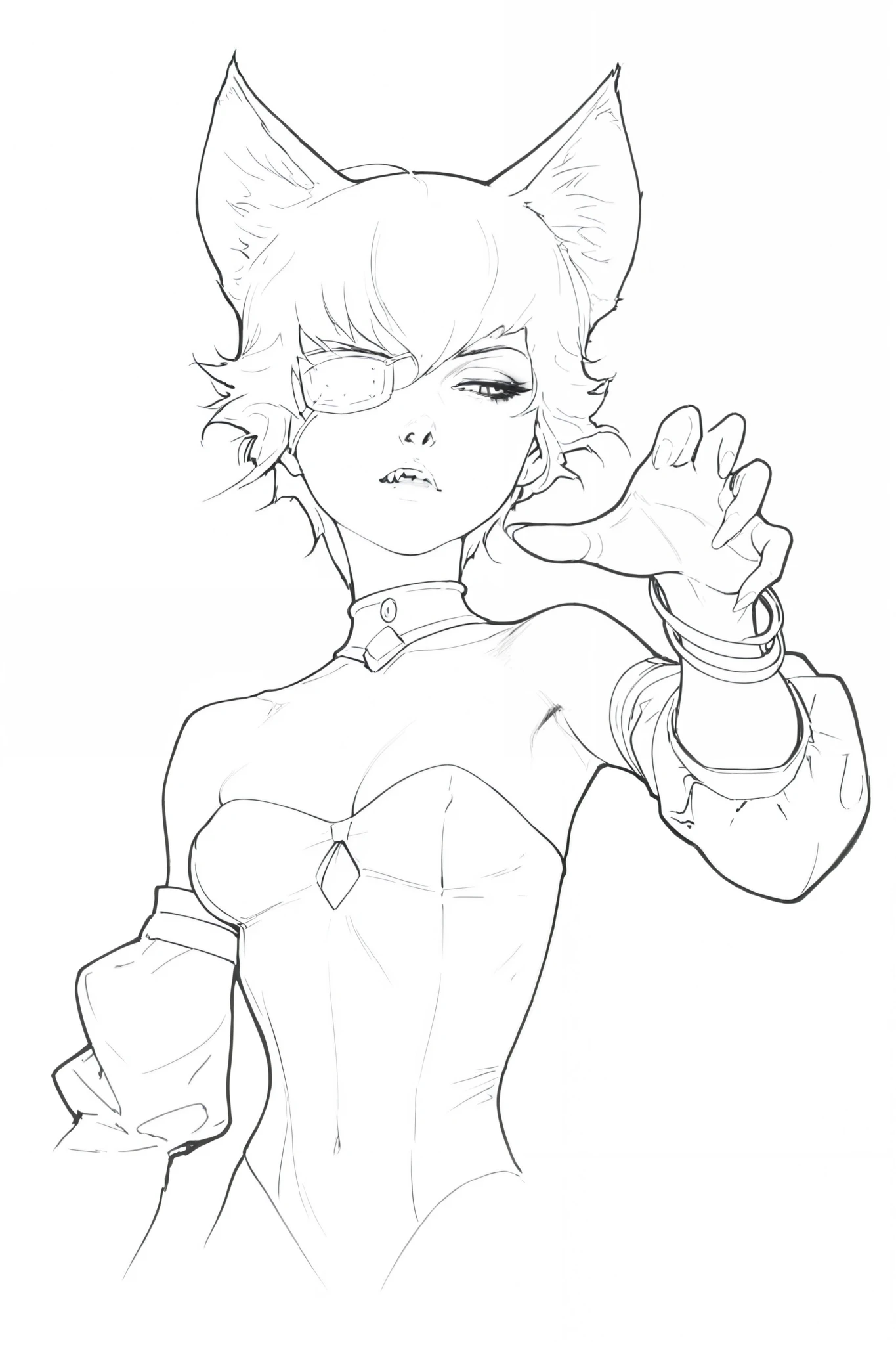 HDR, 8K, high contrast, masterpiece, best quality, amazing quality, very aesthetic, anime artstyle, realistic, newest,
BREAK
monochrome, greyscale, Line art, lineart, Timbrook
BREAK
1girl , cat girl , cat ears , eyepatch , medium breasts , bracelets , sharp features , detached sleeves , puff sleeves , detached collar, dynamic pose, foreshortening