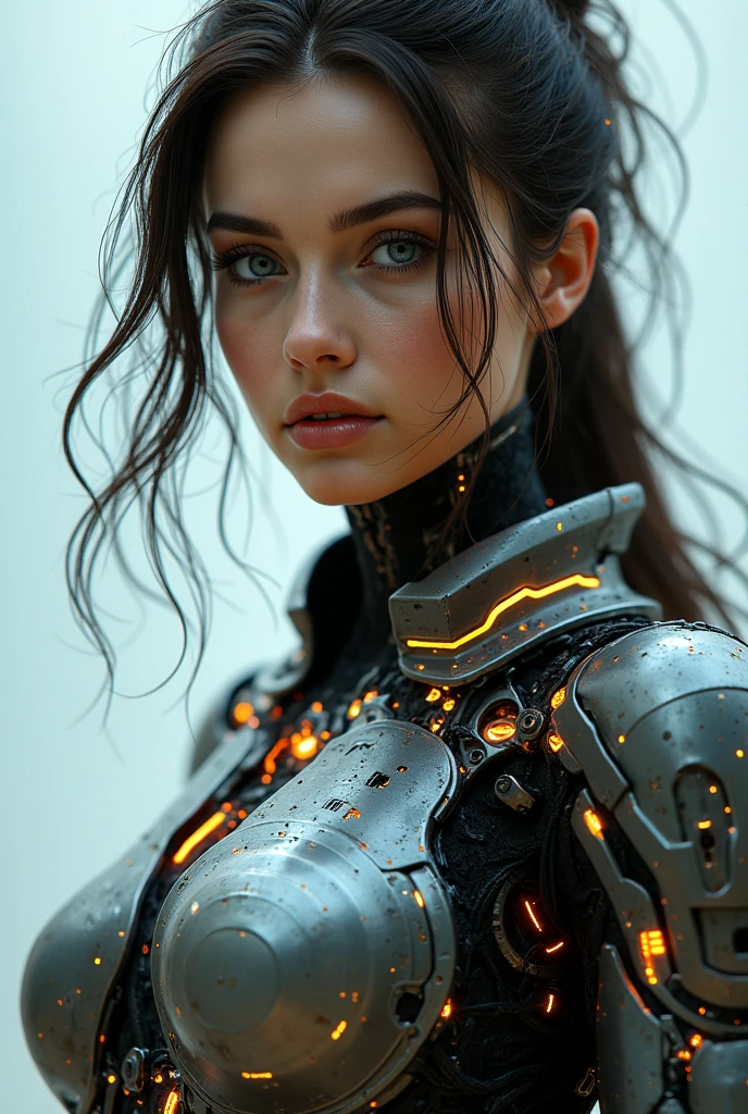 1 mechanical girl,((ultra realistic details)), portrait, global illumination, darkness, octane rendering, 8k, ultra sharp,Metal,intricate, detailed ornaments, cold colors, egyptian detail, highly intricate details, realistic light, trend on CGsociety, bright Eyes, in front of the camera, neon details, mechanical limbs,blood vessels connected to tubes.,mechanical vertebra attached to the back,mechanical cervical fixation to the neck,session,wires and cables that connect to the head