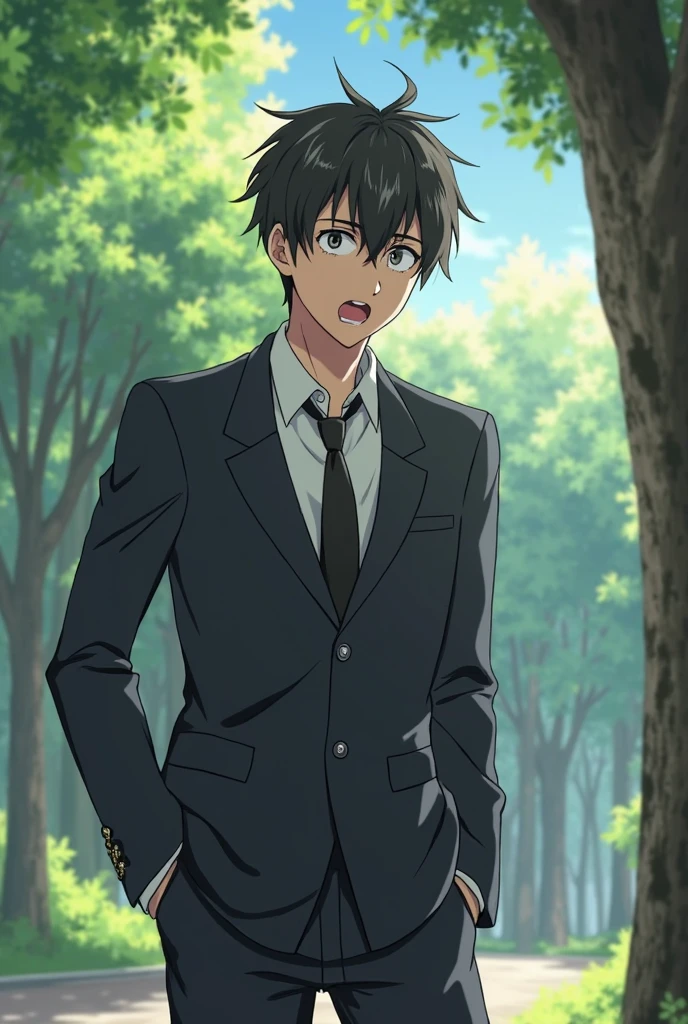  Anime style, anime man of 30 years old wearing a suit and a white shirt, black pants and shoes, he has a twisted face, the surprised mouth is ajar and the surprised eyes are pronounced, His body is turned to the left, he looks to the left at the tree