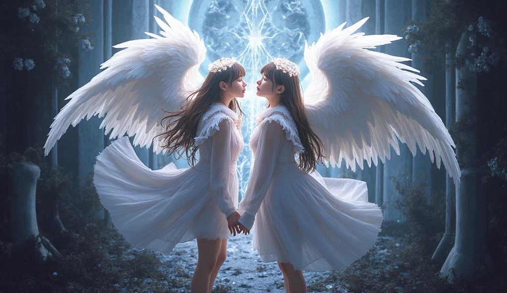 An albino boy, with an albino girl with straight hair and bangs, facing each other, with wings and halo, with one hand in front and a knife in his back hand, wearing white, sunlit clothes --auto --s2