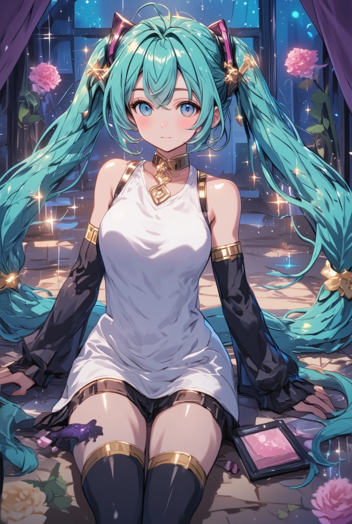 (1girl,20 years old),rainbow hair,long hair,medusa hair,black dress, sleeveless,bare shoulders,smile,blush,extra arms,four arms,cleavage,night,looking at view,loving,starry Night,village,((leaning forward)),from front