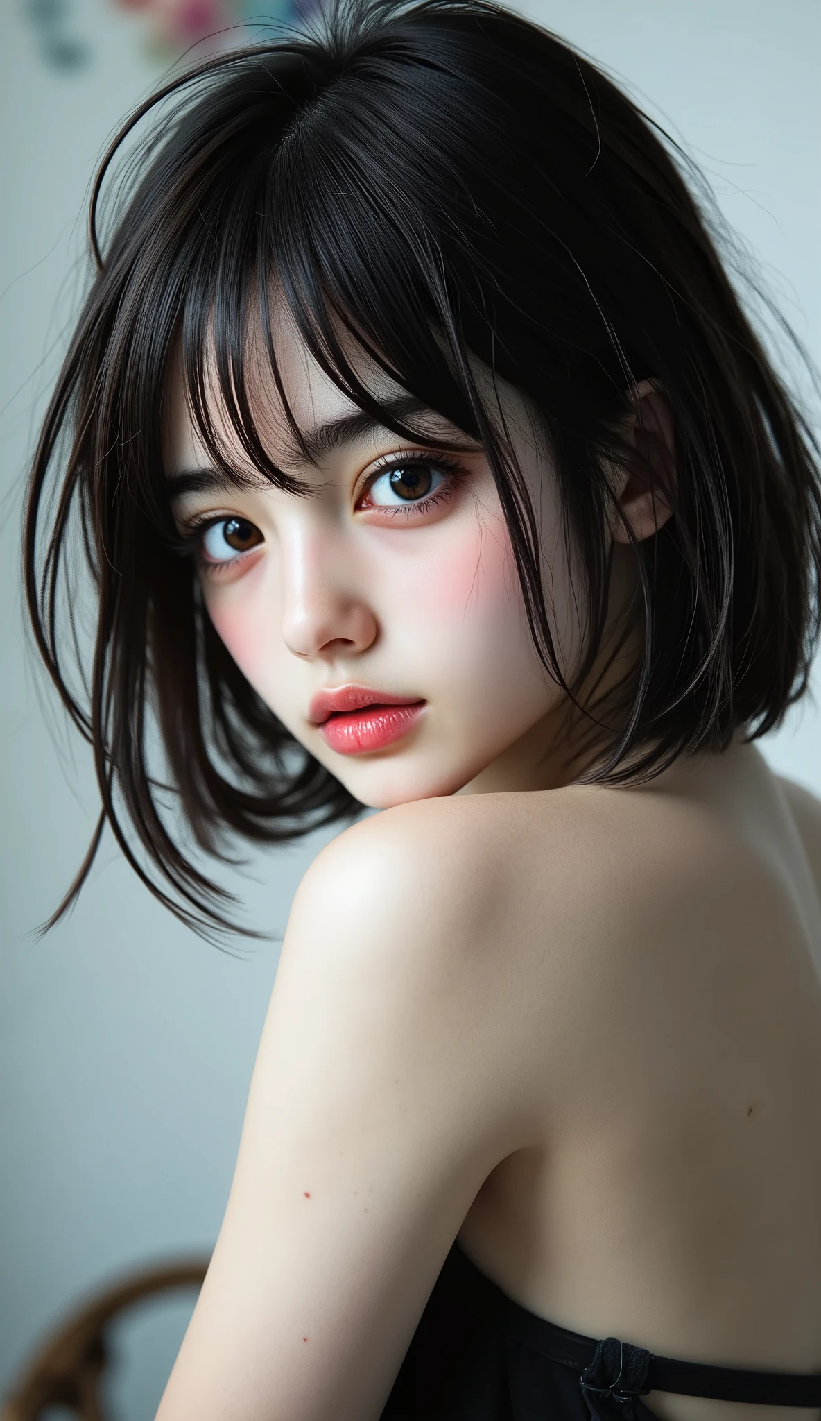 ( masterpiece:1.3), ( 8,000, realistic photo , Original Photo, Best Quality: 1.4), (1 30-year-old mature woman), pretty face, (realistic face), (dark hair,), short hair, (milky white skin), ultra high resolution , surreal, highly detailed, Showing huge breasts