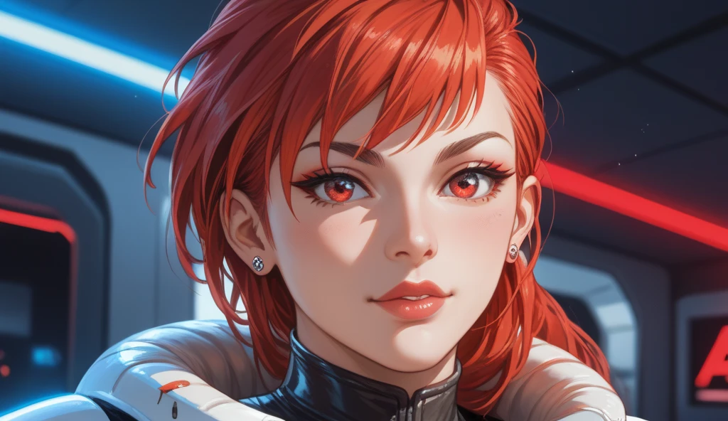 (masterpiece, best quality), 1girl, Orange Tied Back Ponytail, big breasts, <lora:small rocket breasts:1> small rocket breasts