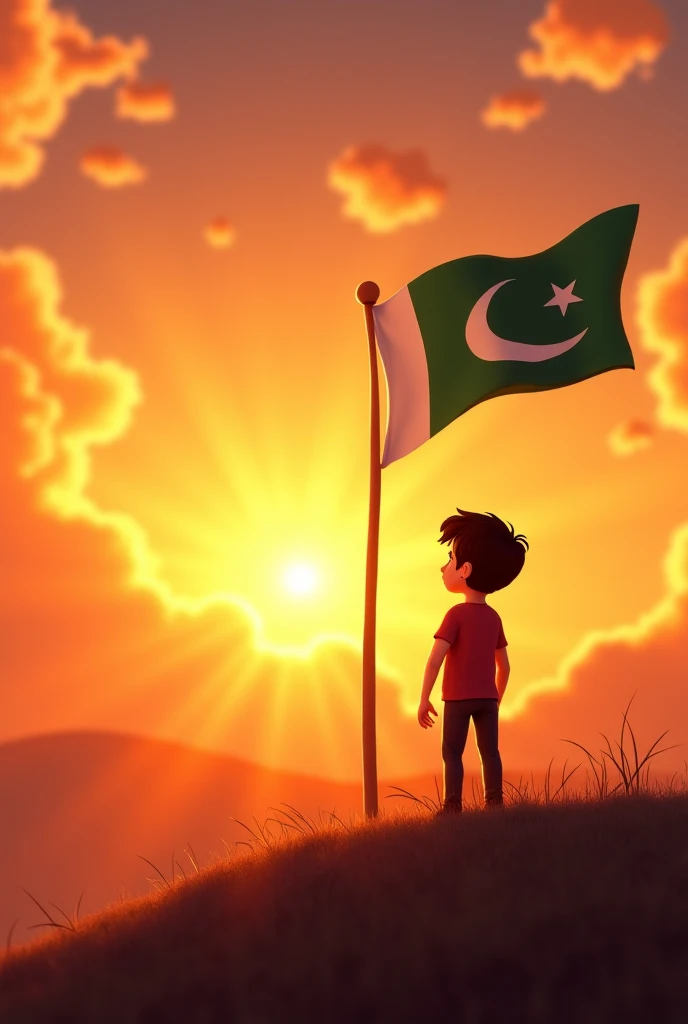 A child wearing t shirt and trouser wavering the flag of pakistan standing infront of many people and the name Arish must be written on back of his tshirt