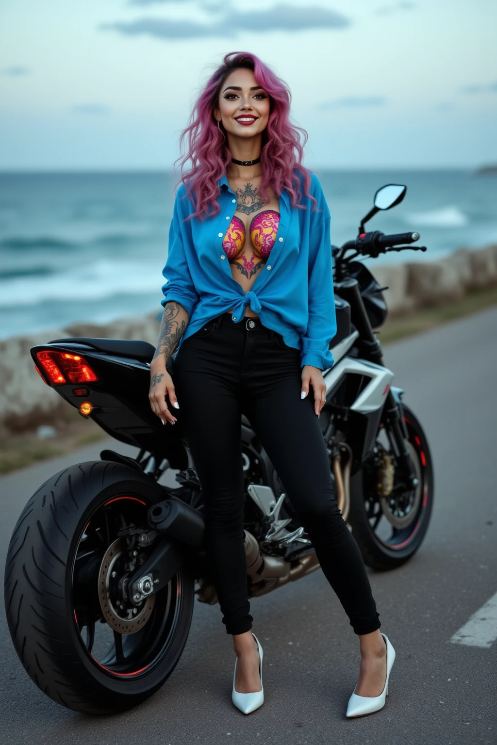 analog style, model shoot style, RAW (close portrait:1.4) of (JinxLol:1.1), centered face, 1girl, (shiny pink eyes:1.7, blue hair), (shiny body), (hands off camera), looking at viewer,
((evil:1.3, bow one's head:1.3, night:1.3, scared:1.3, horrified:1.3, constricted pupils:1.7, crazy smile:1.6)), medium breasts, arm tattoo, stomach tattoo, (blood on face:1.5),
best quality, epic (by lee jeffries photo, sony a7, 50 mm, pores:1.5, colors, hyperdetailed:1.5, film grain:1.4,
hyperrealistic: 1.5), hyper-realistic lifelike texture, masterpiece, unreal engine 5, Extremely detailed CG unity 8k wallpaper, realistic eyes,
Madly detailed photo, (ecstasy of light and shadow, deep shadow), (Winner of the Pulitzer Prize for Photography and Taylor Wessing Photographic Prize)
