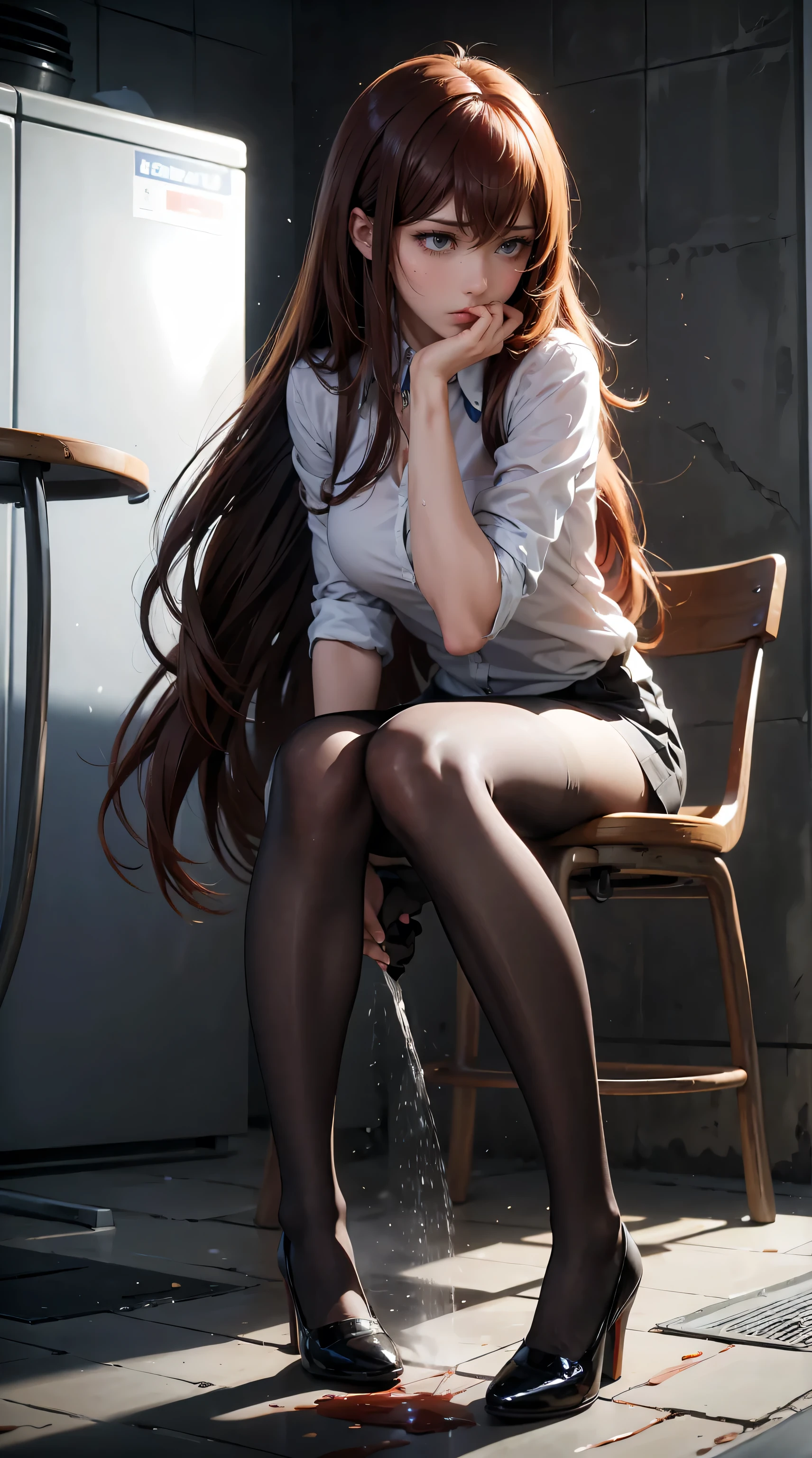 (urination:1.4),(is embarrassing:1.2) tall adult women ,excellent style, Makise Kurisu ,Christina,high heels,pantyhose, black tights,very long hair, Super Long Hair ,sweaty, My bra is watching, Bare bare ,chairs,pee themselves, Wetting clothes,  The desperation to pee myself ,  her body can't hold urine 、chairs and peed out of desperation,Pee desperate face ,  big puddle of pee ,I sat on chairs