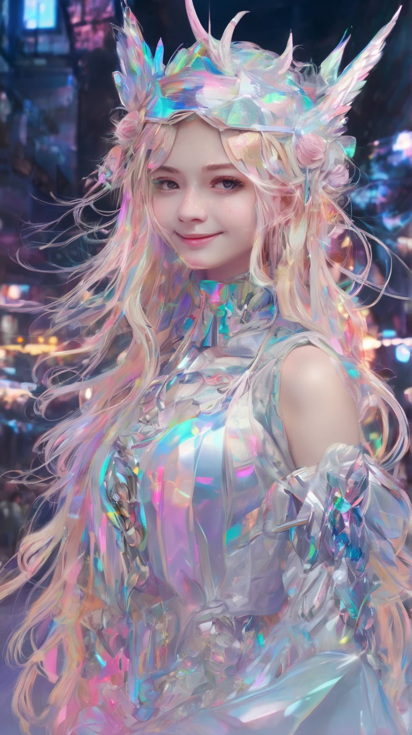 high resolution, best quality, masterpiece, very high image quality, ultra-detailed, hyperrealistic, 3d, anime, illustrations, fantasy, solo, very Beautiful woman with gentle seductive calm face, white medium hair, high layer cut, mullet hair style, sparkling gold big eyes, perfect proportions, full body, feather robe, thin gold line embroidery, background kaleidoscope galaxy rainbow colors of light, neon color light, neon color many thin lines