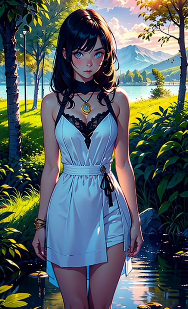 1 girl, expression of great joy, smile, mesmerizing eyes with night makeup, lipstick lipstick, cacbelos with ponytail, fringe of hair on the forehead, back, round ass sticking, open shirt with many details and lace calsinha with details of stars, balanced posture, porcelain skin, subtle blush, crystal brooch pendant BREAK golden hour, (rim lighting): 1.2, cool tones, soft shadows, vibrant colors, pictorial effect, dreamy atmosphere scenic BREAK, distant mountains with trees, moonlit clouds, tranquil environment, twilight, dusk, ultra detailed, official art, 8k unit wallpaper, zentangle, cord and earring and bracelet and ring.