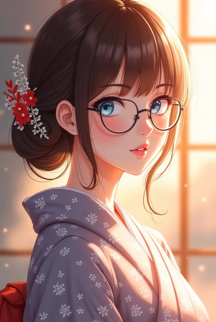 One Girl(High resolution, masterpiece, accurate, Anatomically correct), ((Landscape、Wearing glasses、A happy look、Slightly red cheeks))(((A pose with the waist bent forward:1.30、looking at the camera、Selfie)))、(Light Hair、Brown eyes、Straight hair)、((Colorful Japanese Kimono))((festival、firework))、Highest quality, Ultra high definition, High-resolution model