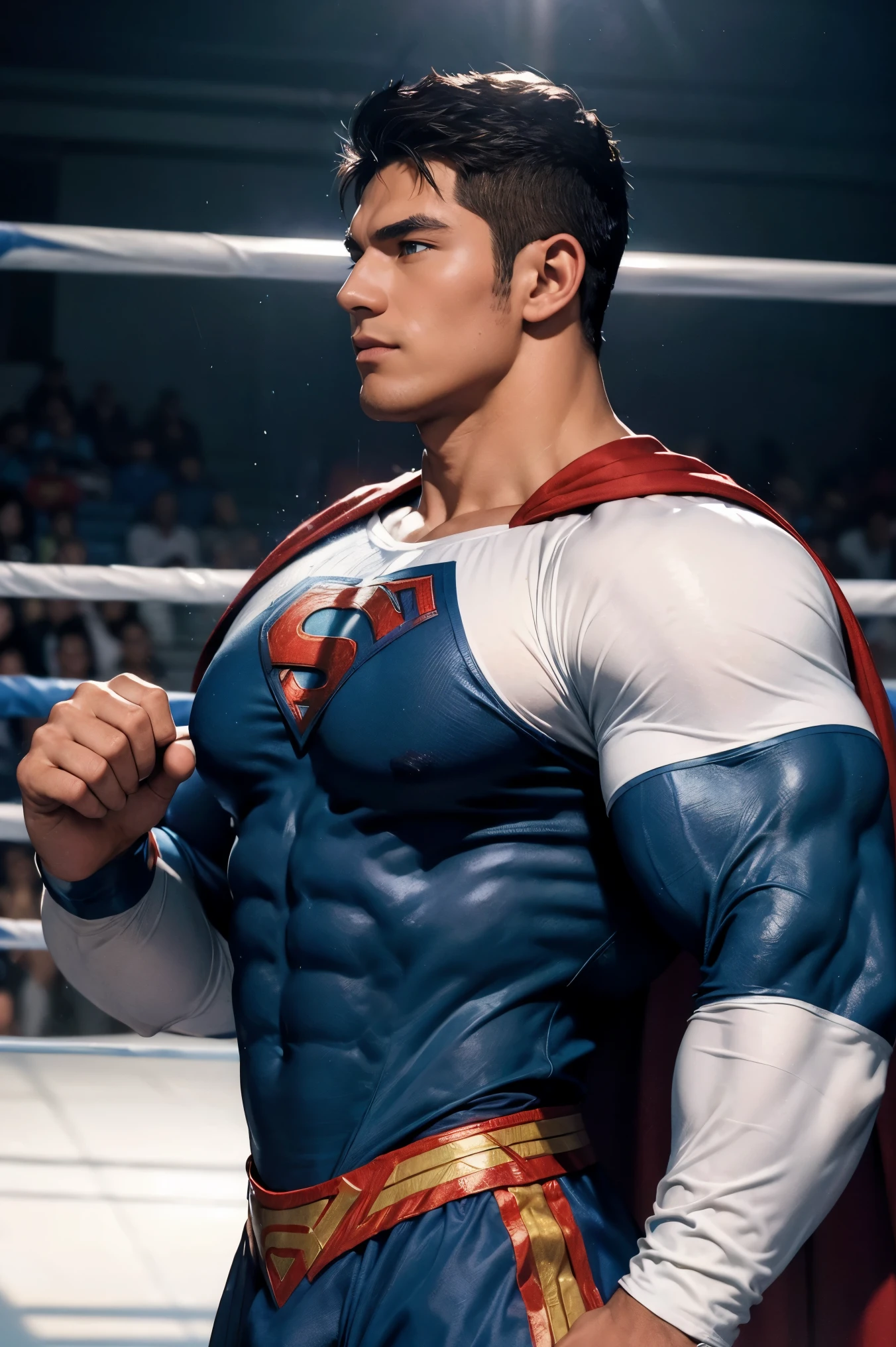 (8k, RAW photo, best quality, masterpiece: 1.2), ultra detailed, official art, photo-realistic: 1.37, upper body shot,lebron james,superman outfit --auto