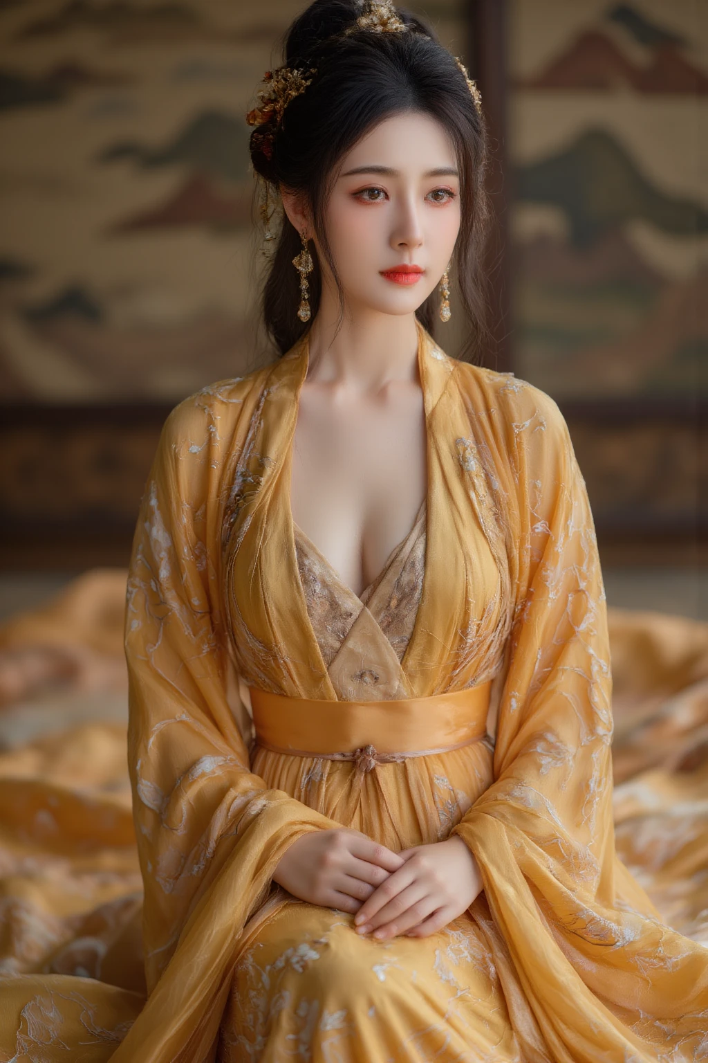 A gorgeous empress of the Chinese court during the Qing Dynasty, naked with big breasts on a golden sofa, spreading one&#39;s legs open wide with knees bent,creating the shape of the letter M（Porn Pose） A gorgeous Chinese imperial empress with her hair tied on both sides and wearing a crown、Background of kinky and erotic woman tying her hair、The story is set in the luxurious rooms of an empress in the Chinese imperial court during the Qing dynasty.。