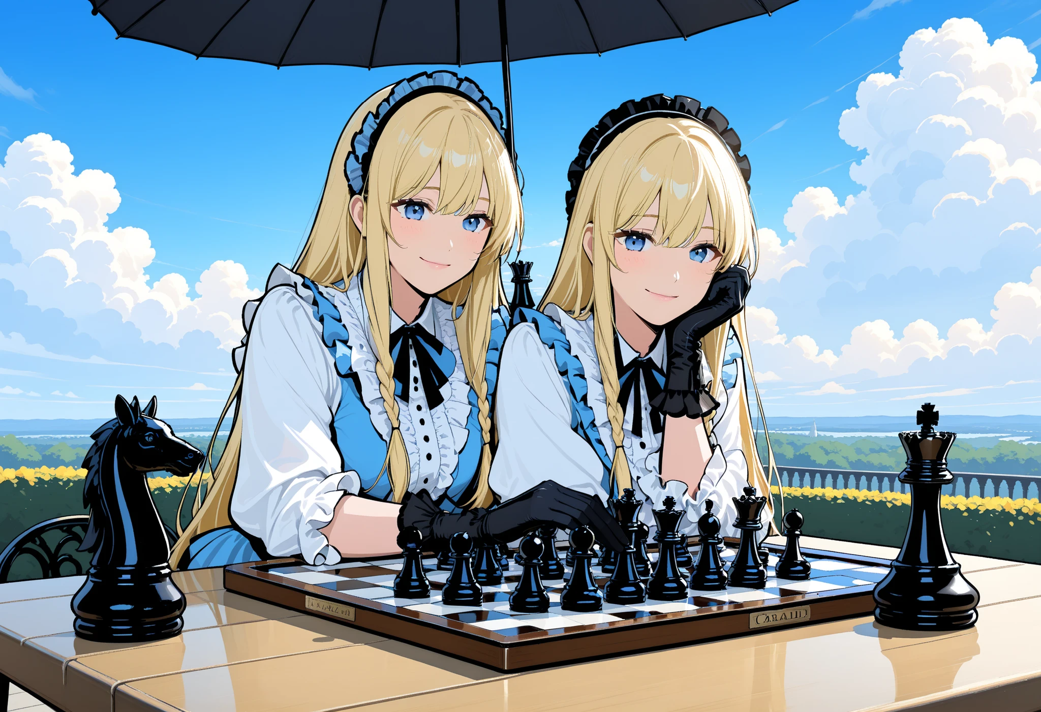 nimedXLjm, masterpiece, best quality, sharp details, 1girl, solo, blonde hair, gloves, blue eyes, chess piece, umbrella, long hair, black gloves, table, sky, board game, hat, looking down, outdoors, day, braid, smile, cloud, head rest, bangs, frills, blue sky, shirt, sitting, closed mouth, long sleeves