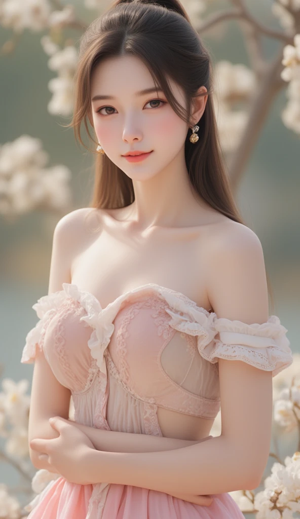 1 girl,Solo, a skirt, self-shot, Sapphire necklace, Tulle cardigan, (white bra) ((floor to ceiling window)trpical garden,florals,Flower background:1.7) depth of fields