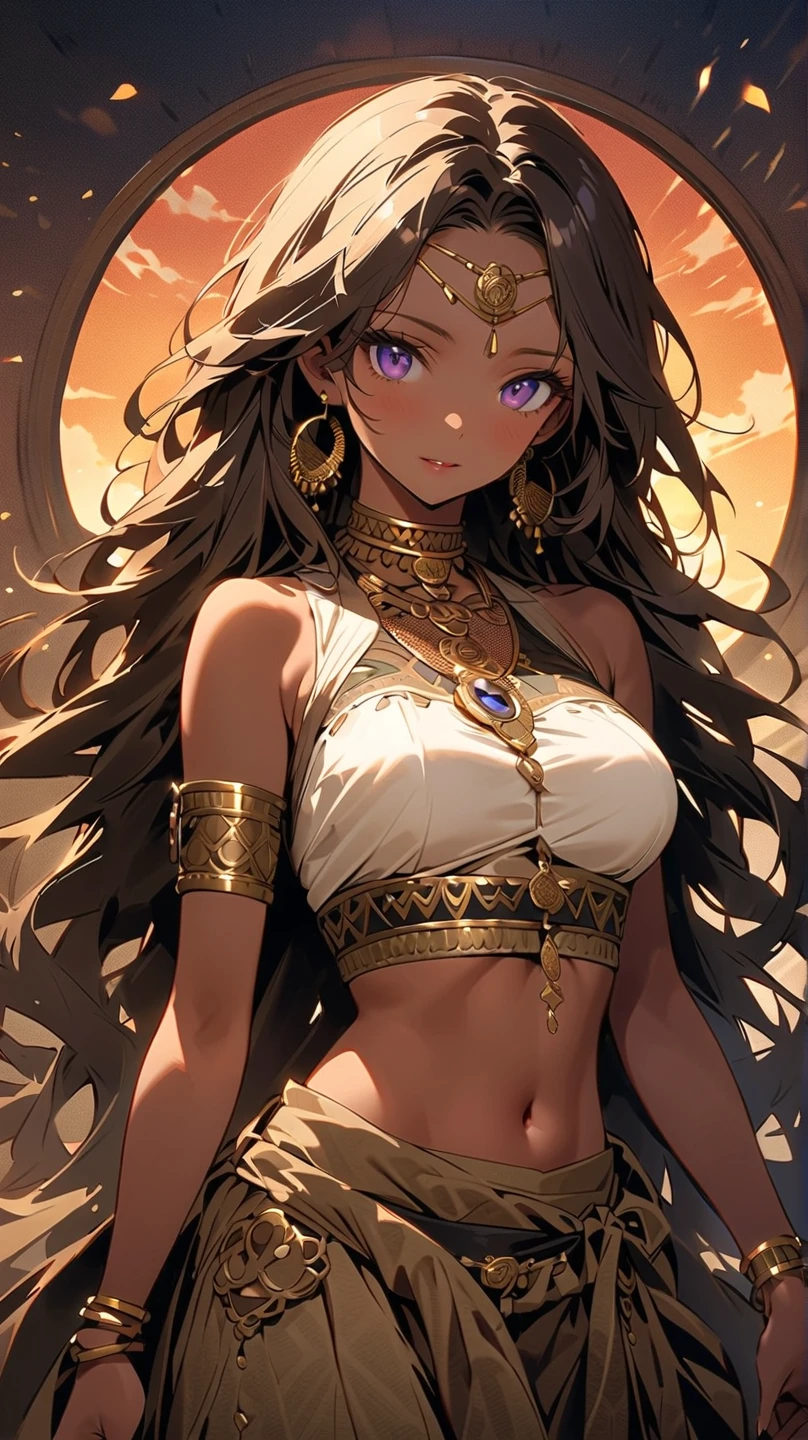 1girl, belly dancer, Egypt, dark skin, brown hair, moon aura