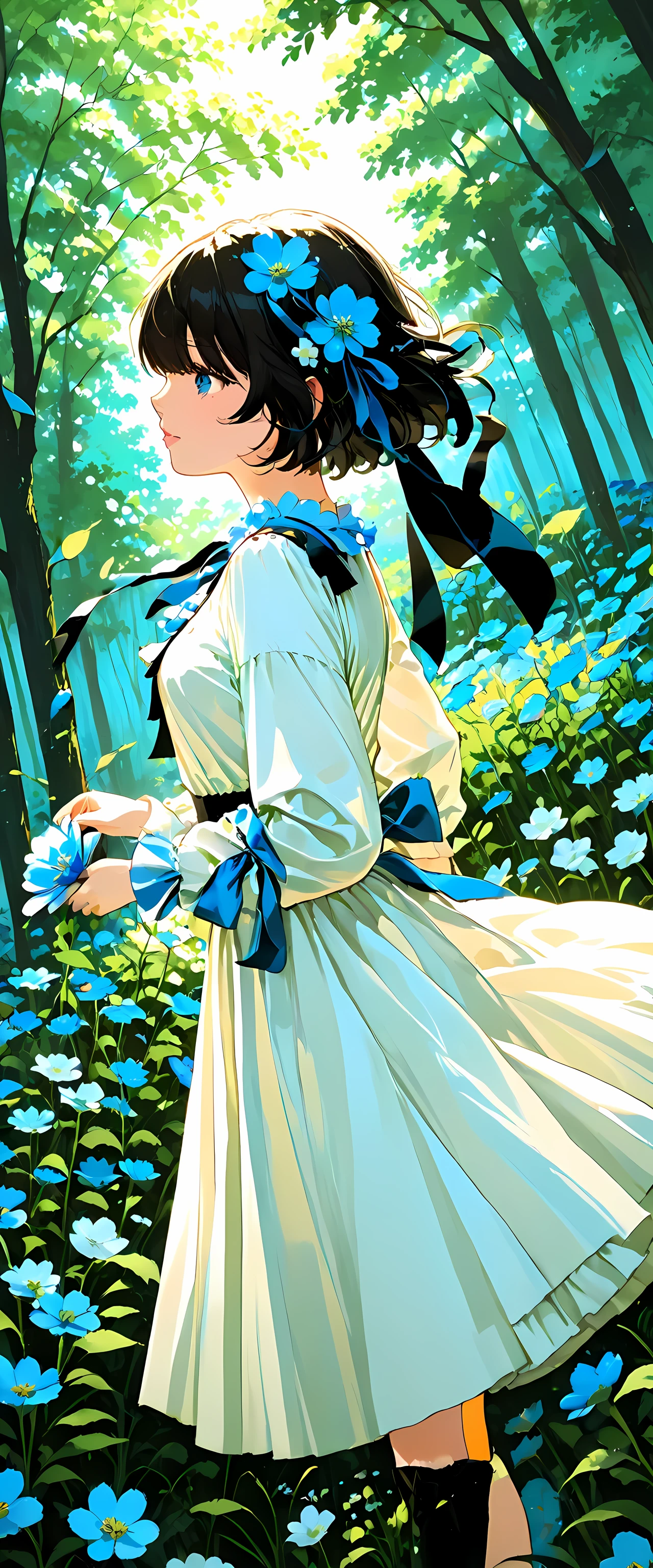 nimedXLjm, masterpiece, best quality, sharp details, 1girl, flower, solo, dress, outdoors, hair ornament, white dress, hair flower, nature, blue eyes, tree, forest, short hair, black hair, from side, blue flower, standing, bangs, long sleeves, wind, ribbon, white flower