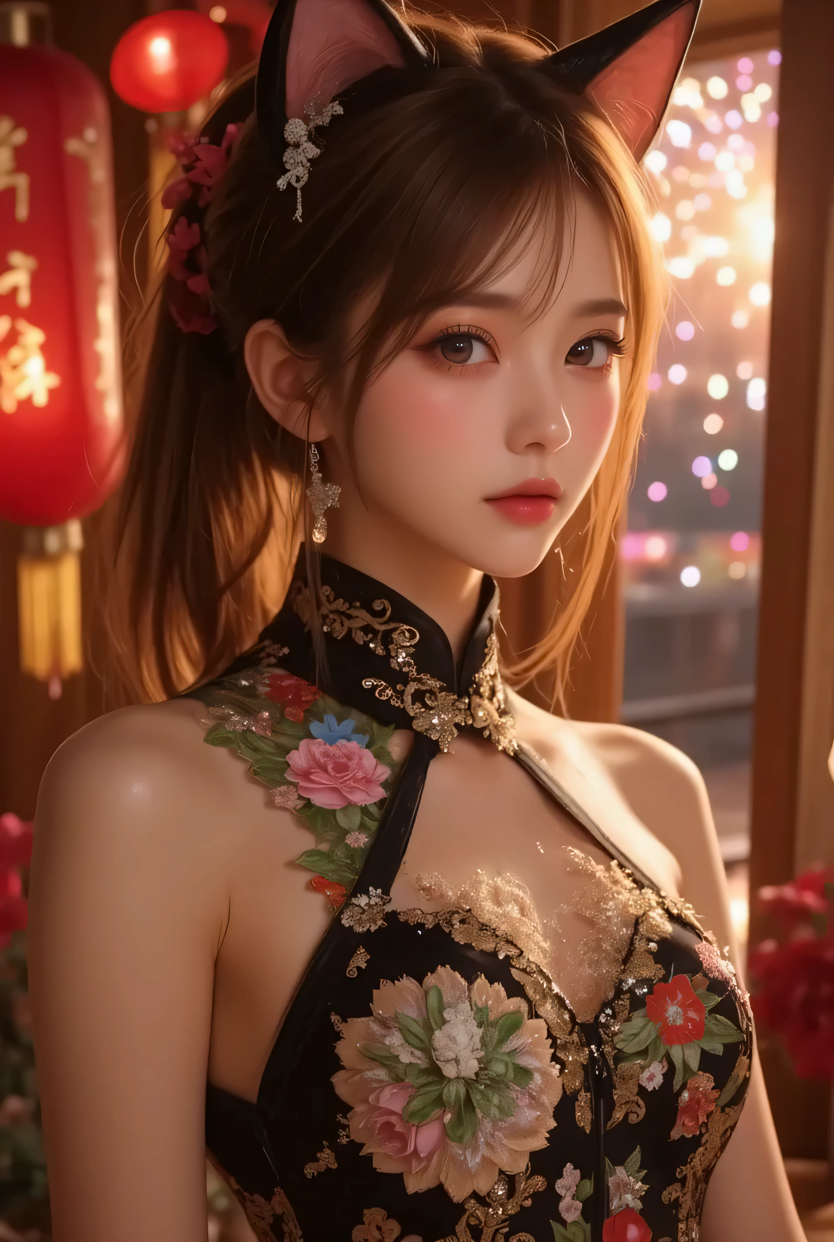 Cat ears、 face up, attractive, pretty girl, ponytail、few beautiful lady hair decorations, (( fine facial features , eroticism)), dramatic lighting , realistic , 8k, Dramatic Shadows , intricate and elaborate patterns , super detailed photo , chiaroscuro lighting , Pleasant colors , deep contrast , super real 、 pink lipstick、 warm room、Vintage Fireplace 、 cinematic composition、Close-up of face, pretty half part transparent open shoulder loose outfits dress, tang style, A beautiful Korean idol wearing a one piece red-green-blue-black-silver-gold tightly cheongsam with phoenix and intricate floral golden embroidery, golden and silver outline on dress, shining gems and jewelry, standing gracefully in a food restaurants room filled with traditional Chinese New Year decorations. The room features vibrant red lanterns, decorative calligraphy scrolls, a small Chinese orange tree with golden ornaments, and several red envelopes scattered across the floor and hanging from the tree. Adorable, playful cats are part of the scene—some sitting near the tree, others curiously pawing at the red envelopes or lounging around. Through a window or an open door in the background, vibrant Chinese fireworks light up the night sky in an array of reds, golds, and blues, casting a magical glow into the room. The idol’s outfit is paired with subtle accessories like red hairpins or earrings, complementing the festive look. The atmosphere is warm and lively, filled with the joyful essence of the celebration, enhanced by the shimmering lights of the fireworks and the lively decor. blue lights