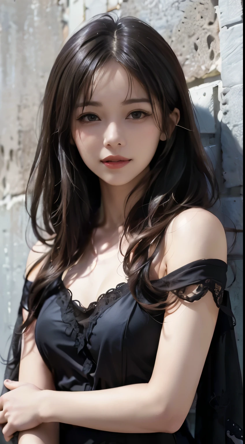 (Ultra-realistic realism)、(illustratio)、(A high resolution)、(8k)、(The is very detailed)、(Best Illustration)、(Beautifully detailed eyes)、(top-quality)、(ultra - detailed)、(tmasterpiece)、(the wallpaper)、(A detailed face)、 solo、1 girl in、looking at viewert、finedetail、A detailed face、in the darkness nigth、deep shading、low tune、pureerosfaceace_v1、A smile、 long、Black shawl straight hair、46-point diagonal bangs, (silk dress、long skirt)(cropped shoulders)The view of the castle、、Stand against the wall