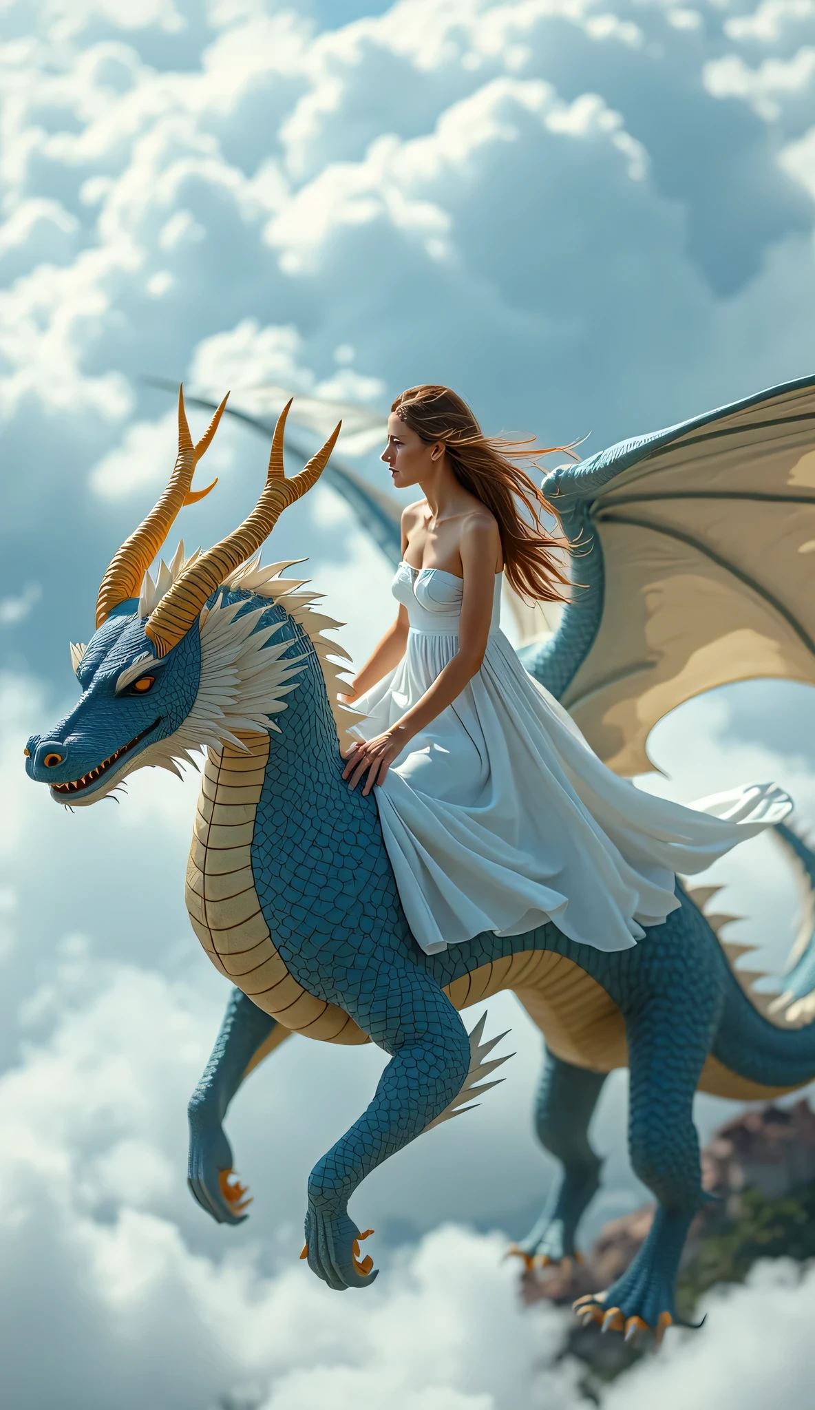 A woman in a flowing white dress rides on a dragon with blue - and - white scales and golden horns, soaring through the sea of clouds. The dragon's wings flapping creates a strong "whooshing" wind sound.