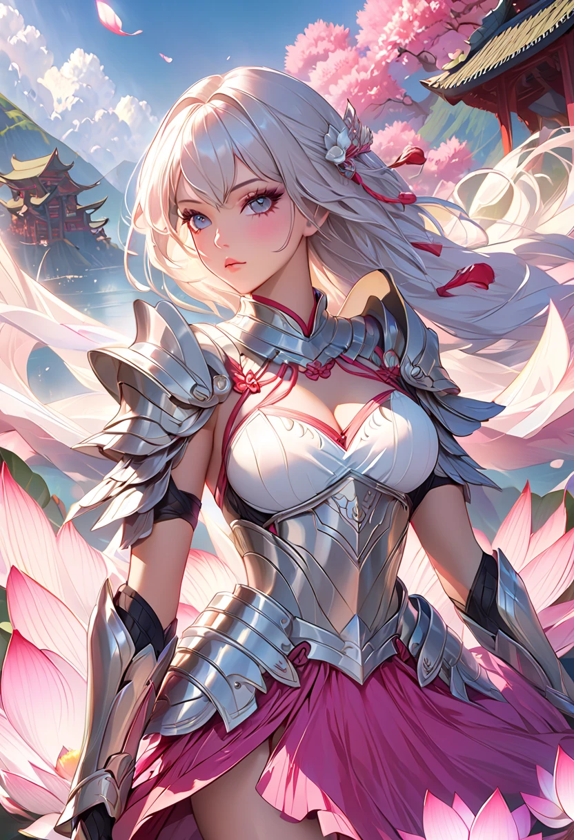 Sexy woman in white gold and pink lotus lace armor dress, chengwei pan on artstation, author:Yang Jie, Detailed fantasy art, Stunning character art, Best Art Sites for Fan Art, Epic and beautiful character art, Beautiful armor, Extremely detailed artger, Detailed digital animation art, artgerm on artstation pixiv, Armor Girl, cleavage big breasts:1.2, (mini skirt:1,5)