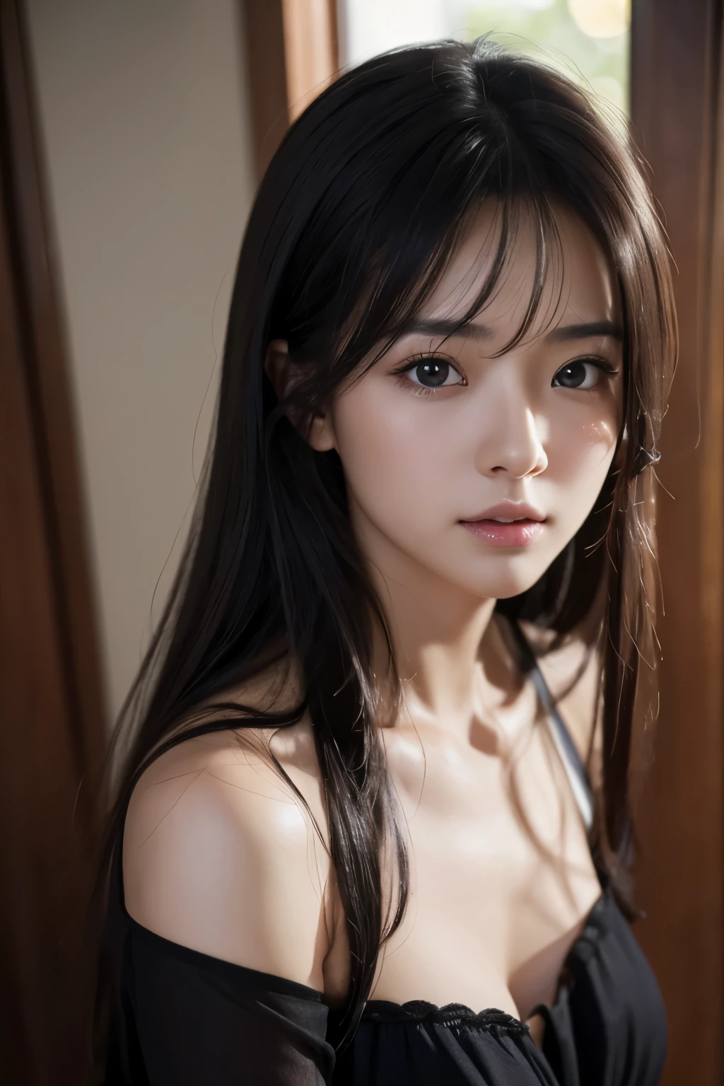 (masuter piece:1.3)、(8K、Photorealsitic、Raw photography、top-quality: 1.4)、(1girl in)、beautiful countenance、(Lifelike face)、(A dark-haired、long)、Beautiful hairstyle、realisticeyes、Beautiful details、(real looking skin)、Beautiful skins、absurderes、enticing、超A high resolution、A hyper-realistic、high-detail、the golden ratio、