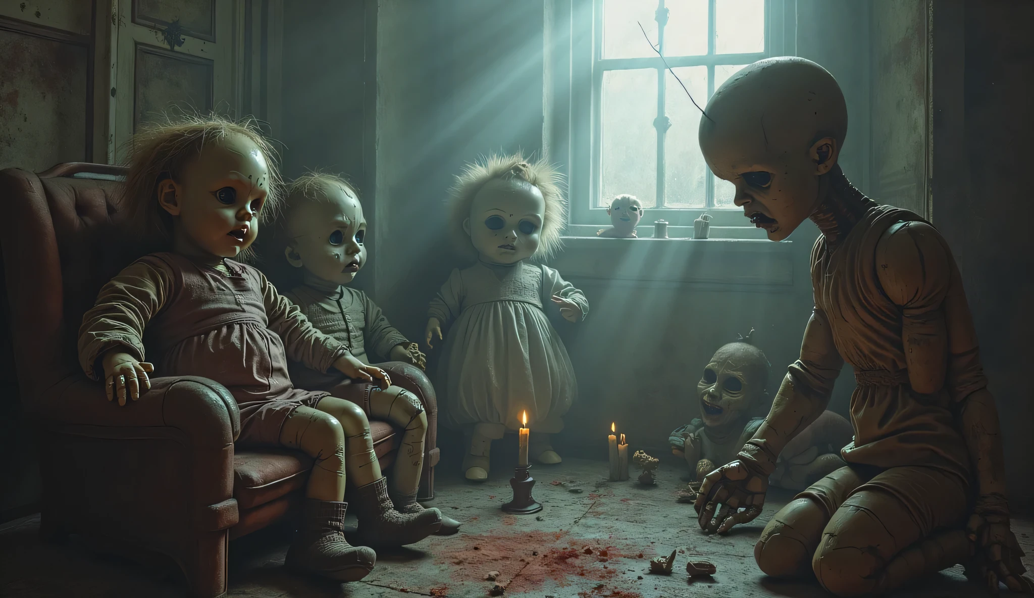 Fine matte paintings, haunted castle with horrible dolls on drawing table full of knives, horror, eerie, scary, tentacles, vines, eyes, blood moon