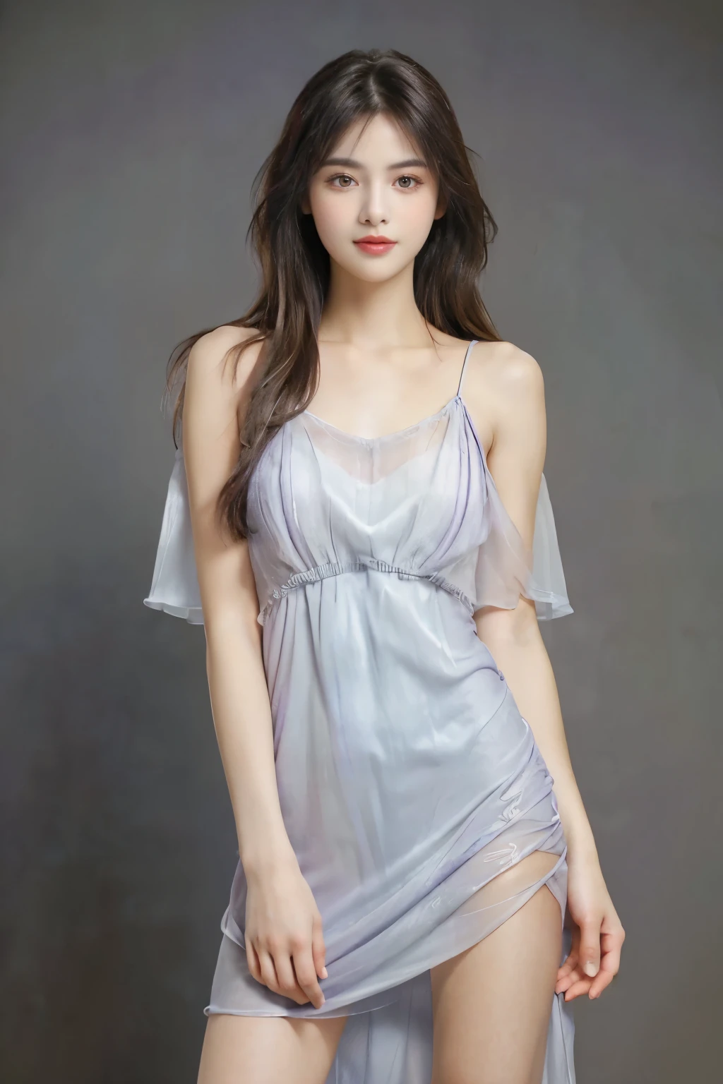 18 year old photo.oh、girl, Beautiful vintage colors, Instagram (photoRealistic, High resolution:1.4), ((Puffy eyes)), View your audience, , whole body (8K, RAW Photos, Highest quality, masterpiece:1.2), (Realistic, photo-Realistic:1.37), (Sharp focus:1.2), Professional Lighting, Photon Mapping, Radio City, Physically Based Rendering, (Pale skin:1.2), (Medium Chest:1.2), View your audience, (Medium Hair:1.5), Portraiture, Purple eyes, (Silver Hair:1.1), bangs, (Simple Background:1.4), alone, Upper Body, Realistic, (masterpiece:1.4), (Highest quality:1.4), (Shiny skin), Stylish girl, Compensate, smile(skinny, Mouth closed,shy:1.3), (Sheer sundress:1.5513), (Are standing:1.1), Medium Bust, Sexy pose, {Browsing Caution:1.2},