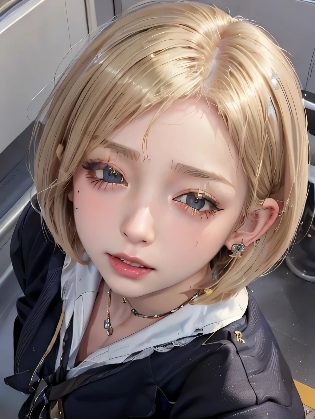 (masterpiece:1.2), {{1woman, 1man}}, ((nsfw)), ((pov)), ((portrait)), ((from above)), ((looking up)), ((in the train)), ((in the crowd)), 21years old, ((gal)), ((blonde hair, bob cut)), {{clothed}}, {{{school uniform, navy blazer, white shirt, long blue tie}}}, ((ear piercing)), ((in the heat)), ((open mouth)), ((woman with edgOrgasm_face)), ((half closed eyes)), Japanese