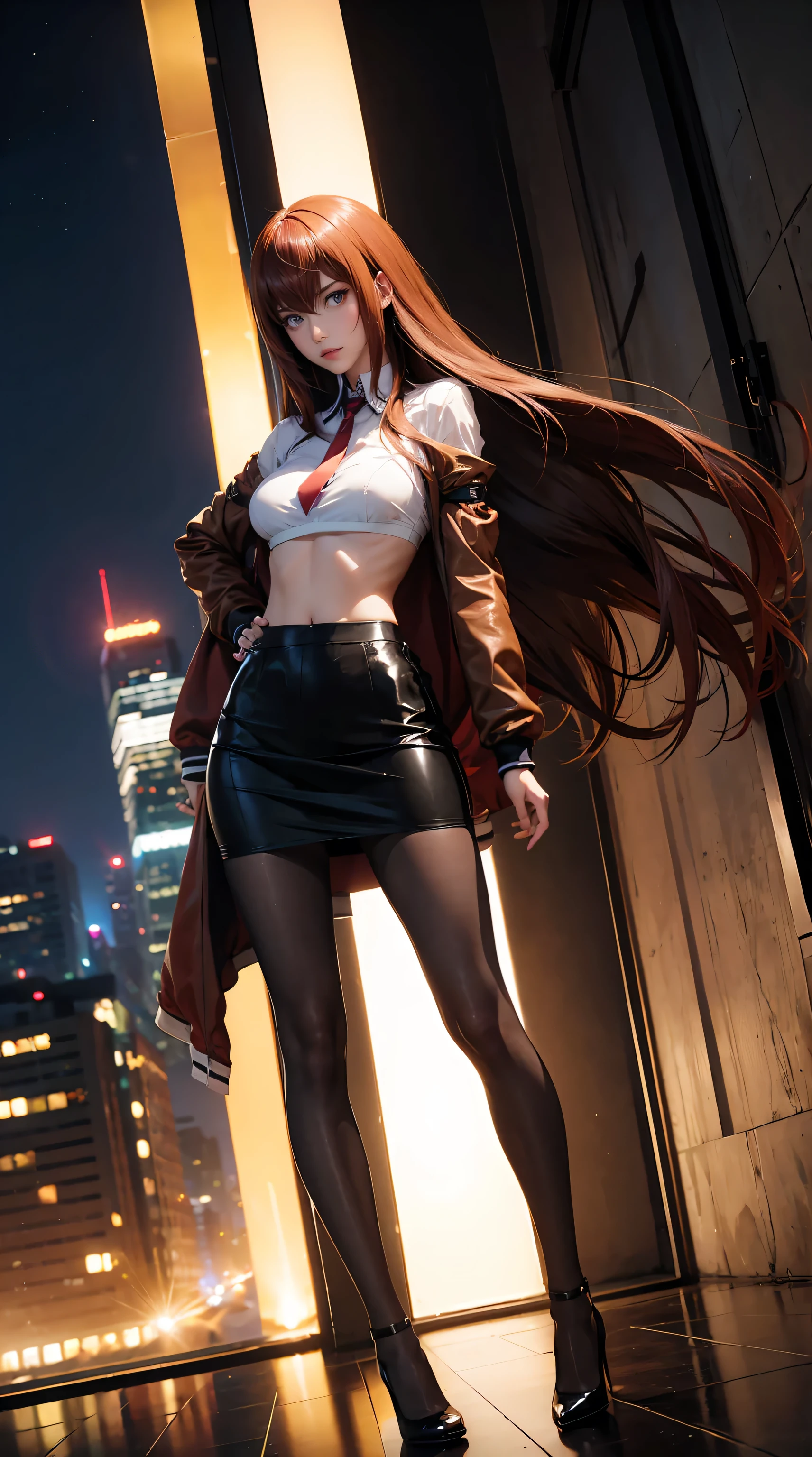 tall adult women ,excellent style,Makise Kurisu,Christina,high heels,pantyhose, black tights,very long hair, Super Long Hair ,sweaty, My bra is watching, Bare Bare , standing,full body,low angle,