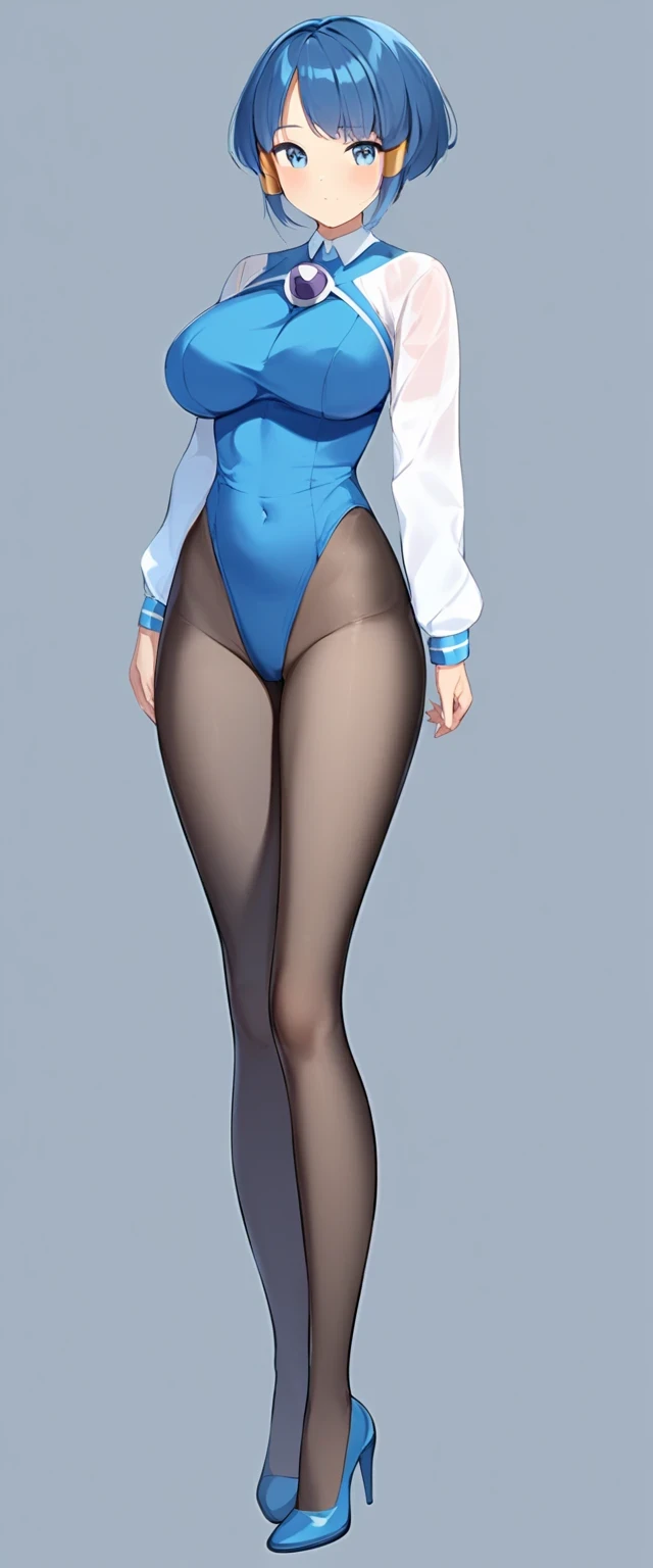 1girl, solo, asuna, long hair, large breasts, cleavage, (blue bunnysuit, pantyhose), thighs, smiling, standing, crotch, (from below view)