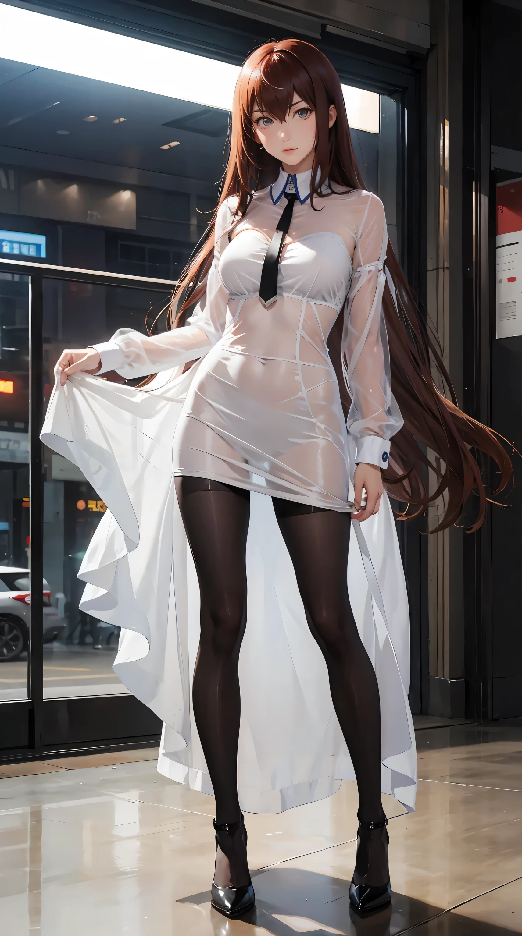 tall adult women ,excellent style,Makise Kurisu,Christina,sheer sheer dress,high heels,pantyhose, black tights,very long hair, Super Long Hair ,sweaty, My bra is watching, Bare Bare , standing,full body