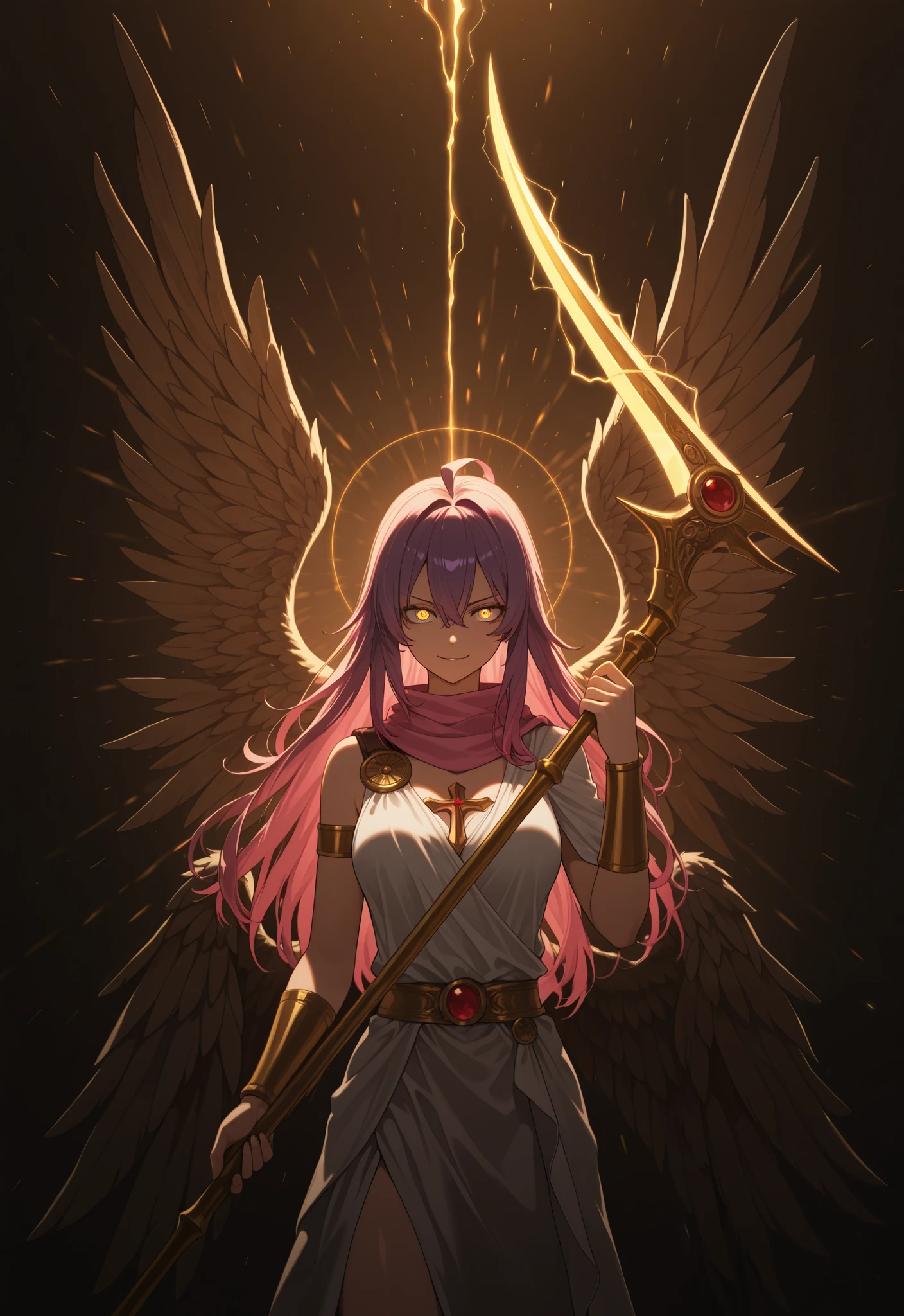 1girl, cowboy_shot, long shot, seraphim angels, biblical angel, many wings, damaged wings, seeledef, golden eyes, (purple hair,  (golden hair:1.33),  (pink hair:1.22), multicolored hair:1.1), long hair, hair between eyes, ahoge, small breats, toga, peplos, ancient greek clothes, greco roman clothes, white clothes, pink scarf, gunscythe, cosmic magical lightning blood bleeding scythe, valkyrie, greek clothes, smirk, wide eyes, anger, aggressive stance, golden aura, golden lights, alien weapon, godly, divine
,(realistic lighting, masterpiece, highres, absurdres, depth of field, best quality, amazing quality, very aesthetic, high resolution, newest, hyper-detailed:0.78), (SuperQuality:1.2) dynamic pose